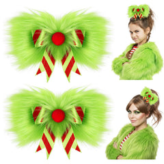 NFAMRZCAR 2pc Christmas hair bow closeup shows fluffy green fur for festive flair