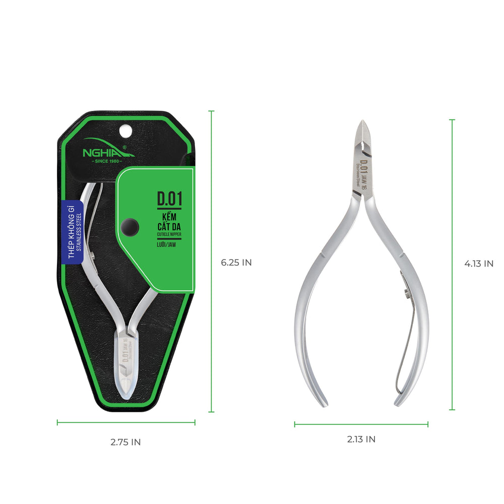 Nghia Cuticle Nipper D-01 JAW16 closeup blade highlights precise cutting and thick-nail capability.