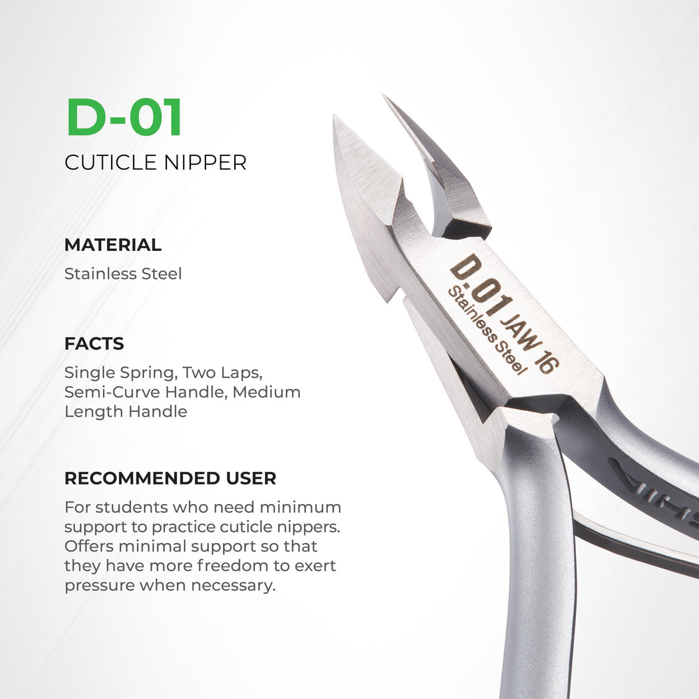 Nghia Cuticle Nipper D-01 JAW16 in hand emphasizes ergonomic curve for comfortable use.