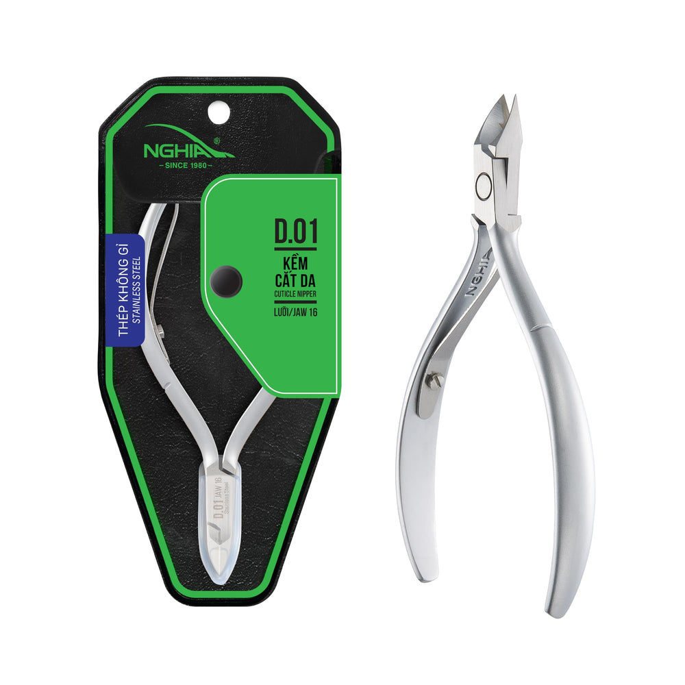 Nghia Cuticle Nipper D-01 JAW16 side view shows durable stainless steel for salon and home use.