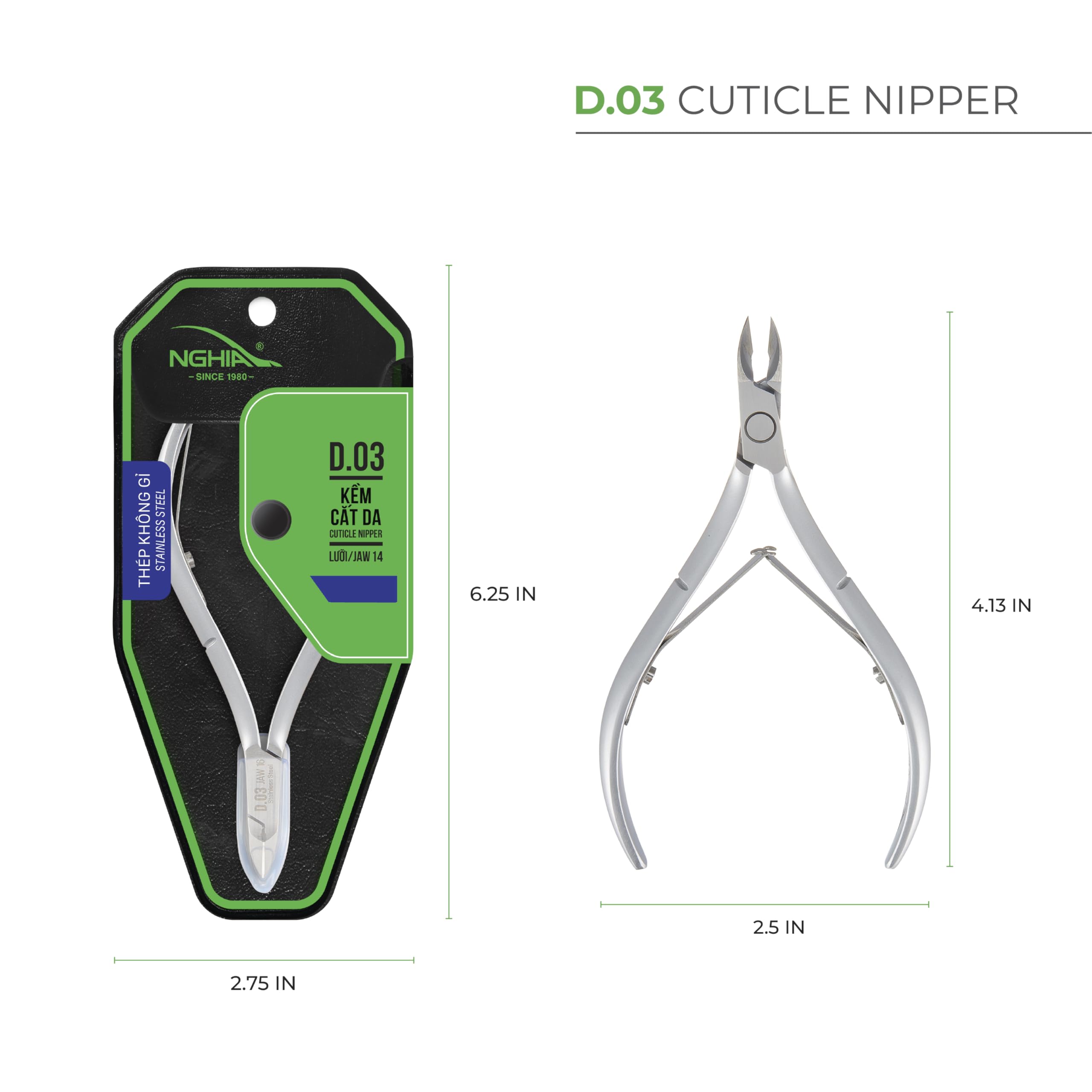 Nghia cuticle nipper D-03 JAW 16 ergonomic handle for comfortable use.
