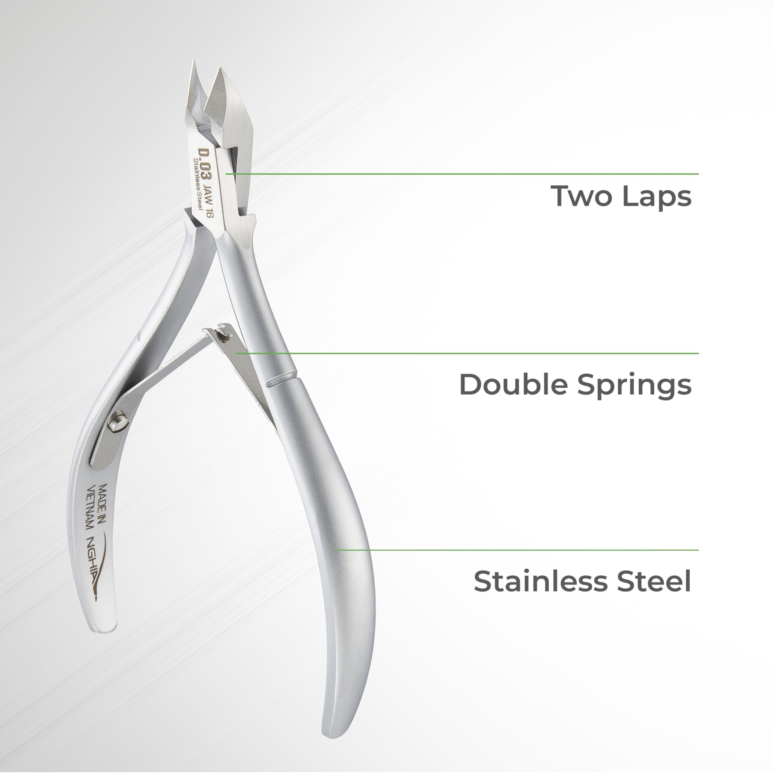 Nghia cuticle nipper D-03 JAW 16 stainless steel construction for lasting durability.
