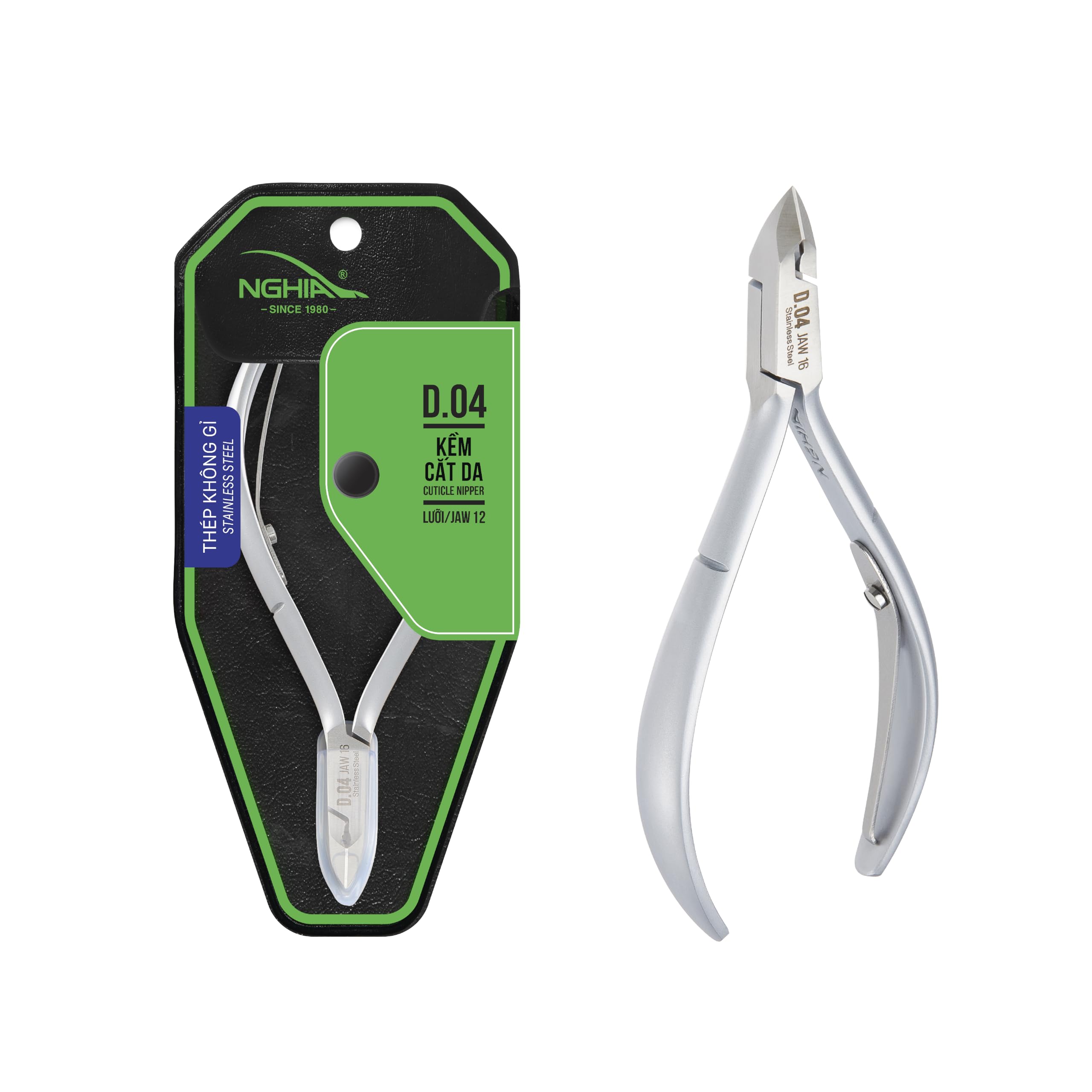 Nghia cuticle nipper D-04 jaw14 closeup reveals precise blades for clean cuticle work.