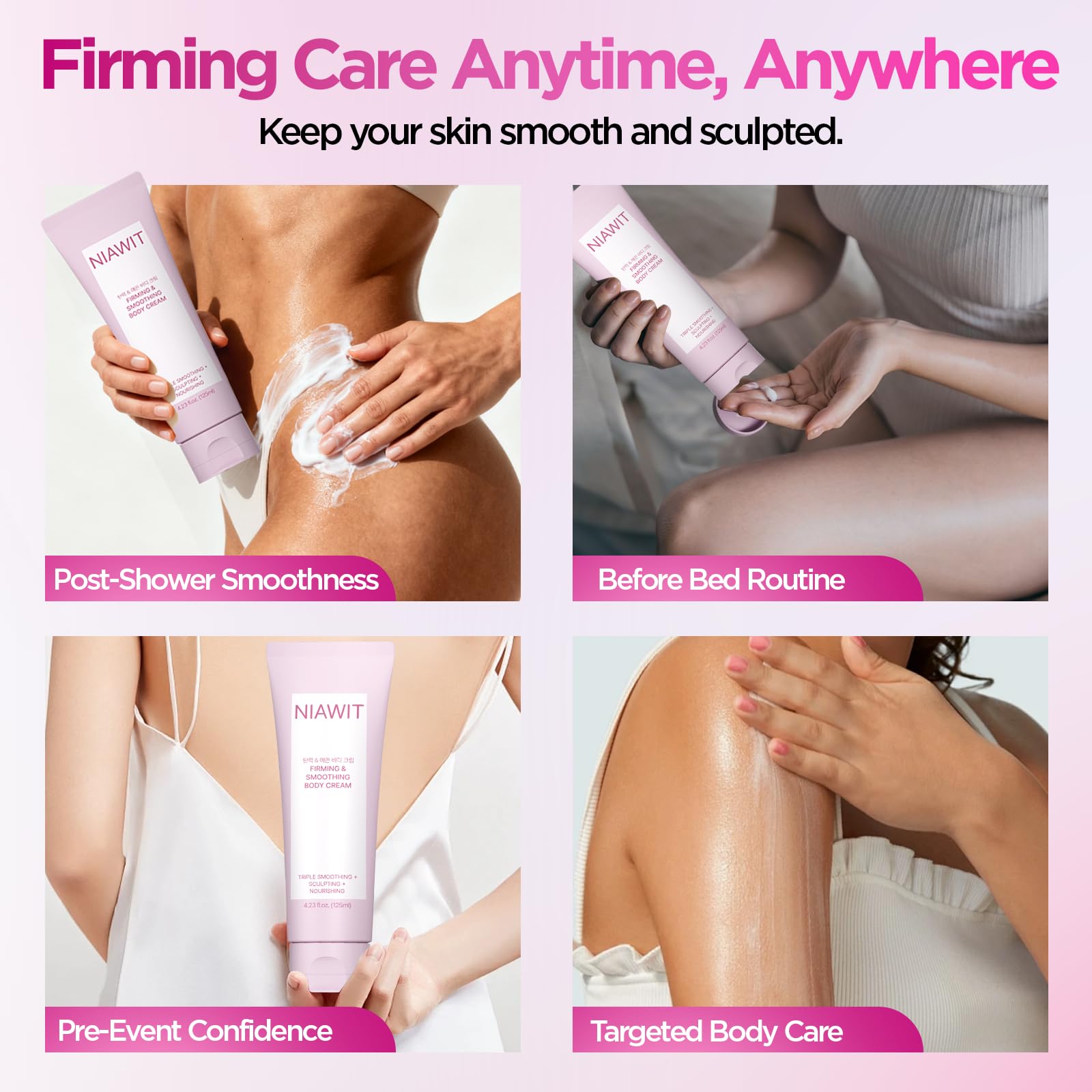 NIAWIT Firming Smoothing Body Cream reduces crepey texture for a more even surface.