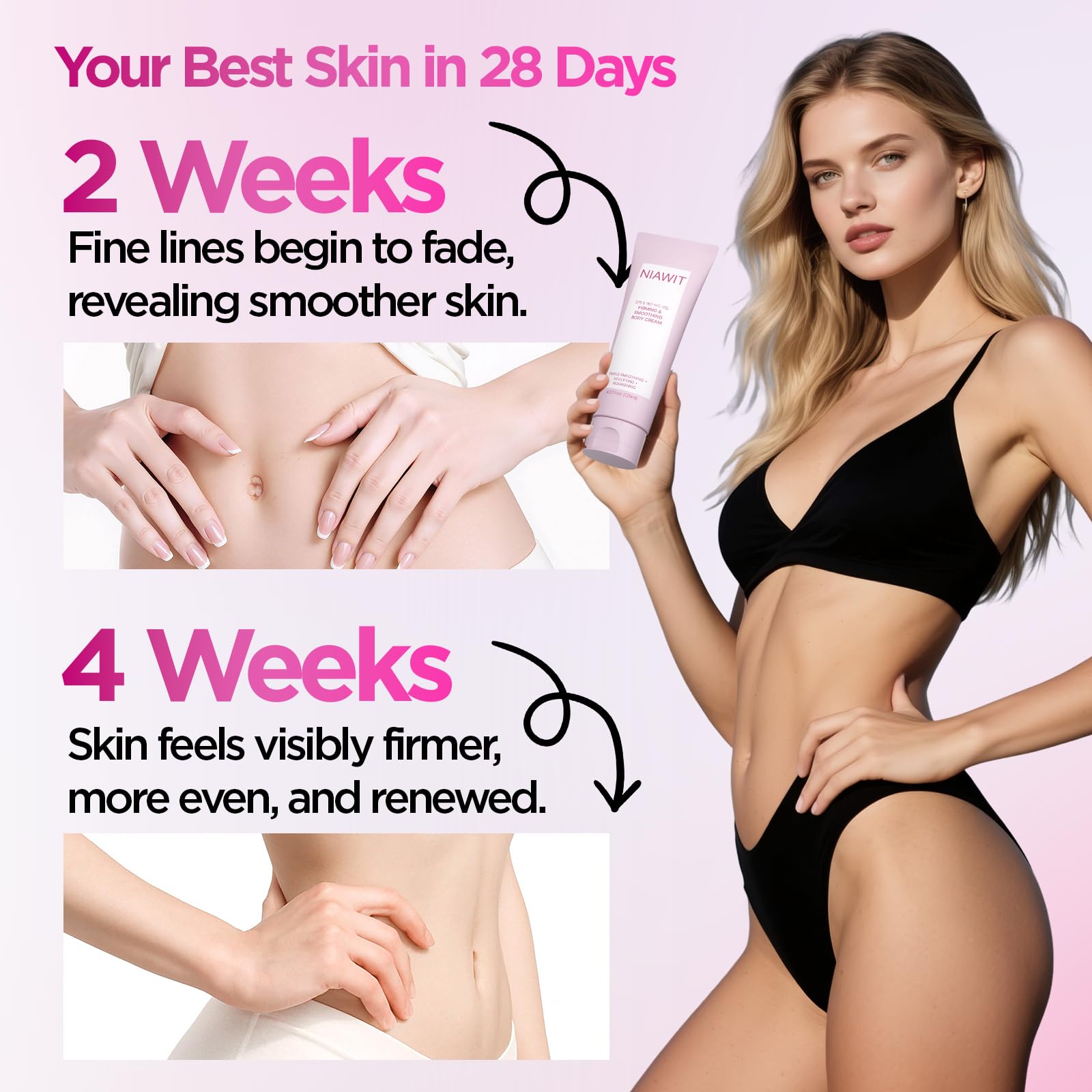 NIAWIT Firming Smoothing Body Cream applied smoothly with a fast-absorbing finish.