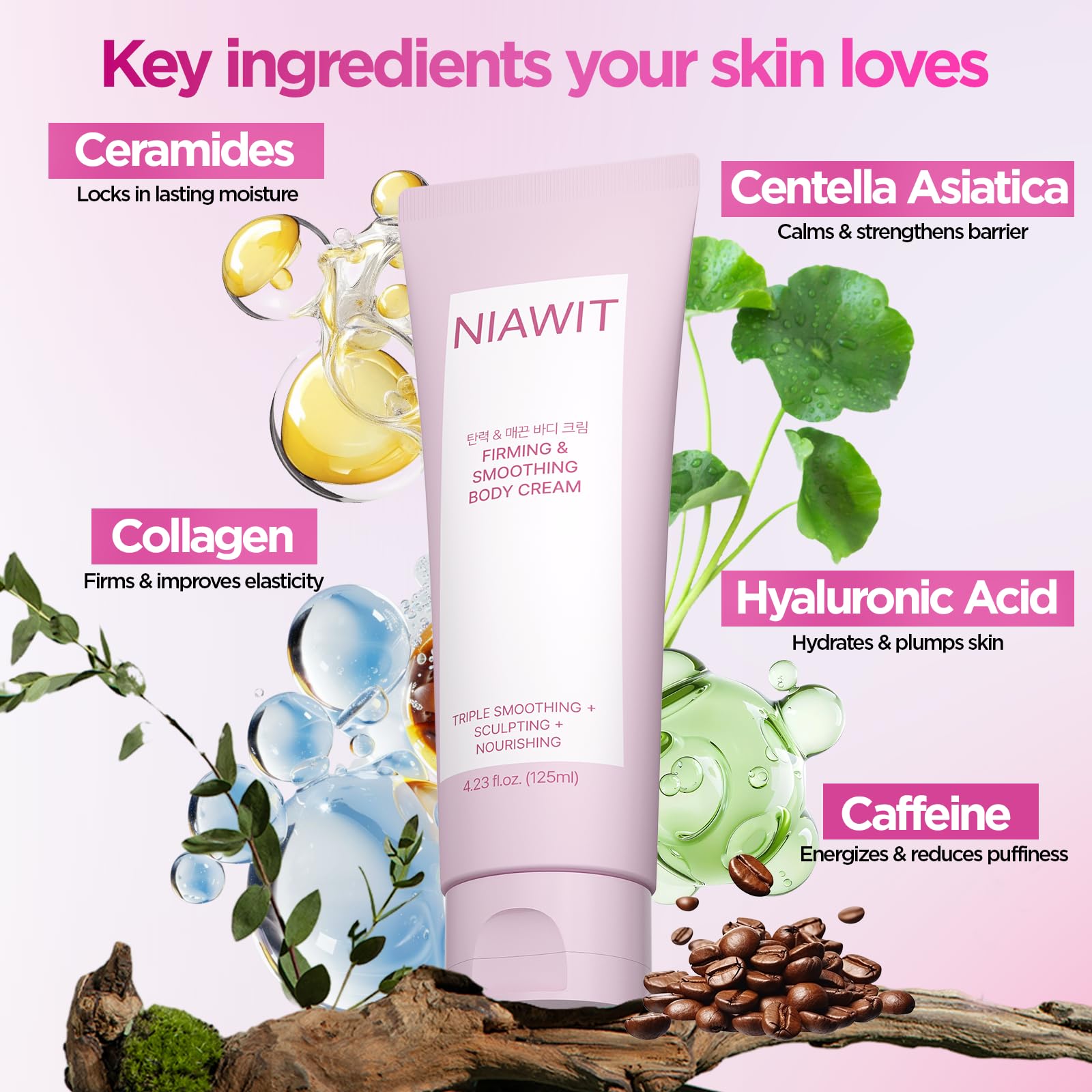 NIAWIT Firming Smoothing Body Cream on thighs for sculpted contour and smoother texture.