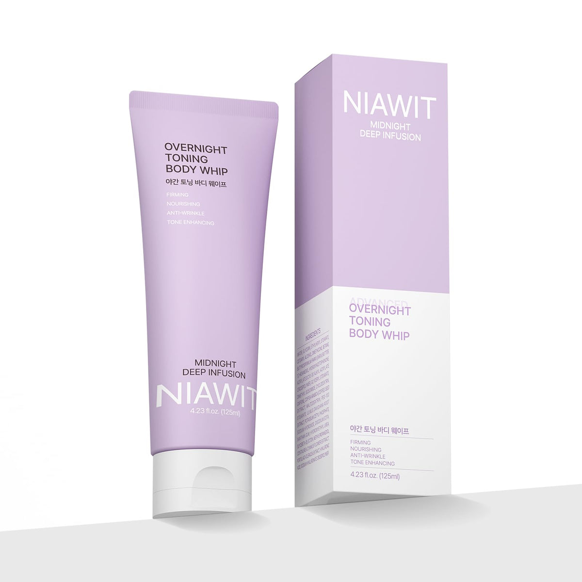 NIAWIT Overnight Toning Body Whip bottle showing a nighttime firming and hydrating routine.
