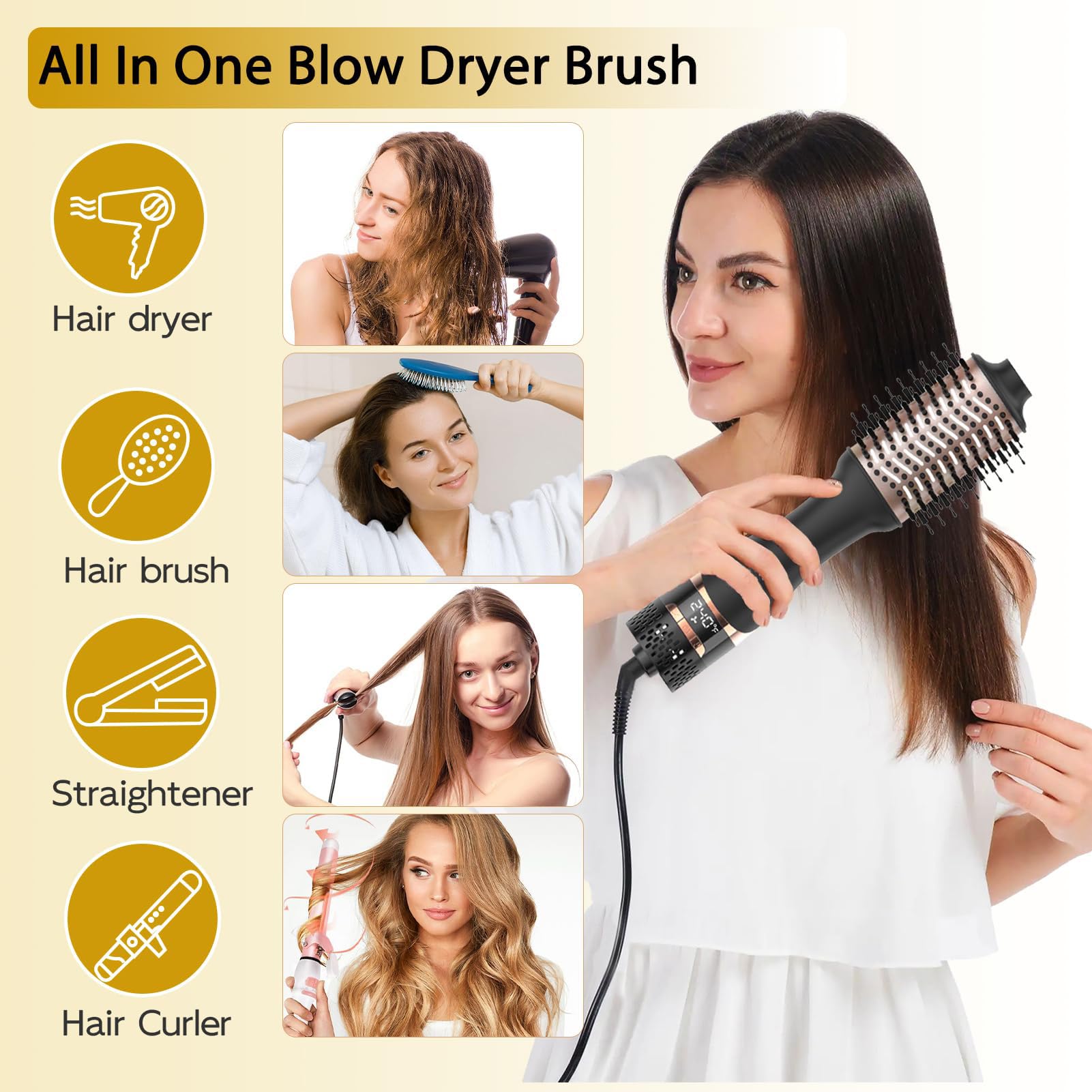 Nicebay hair dryer brush 3-settings demonstrates adjustable heat for versatile looks