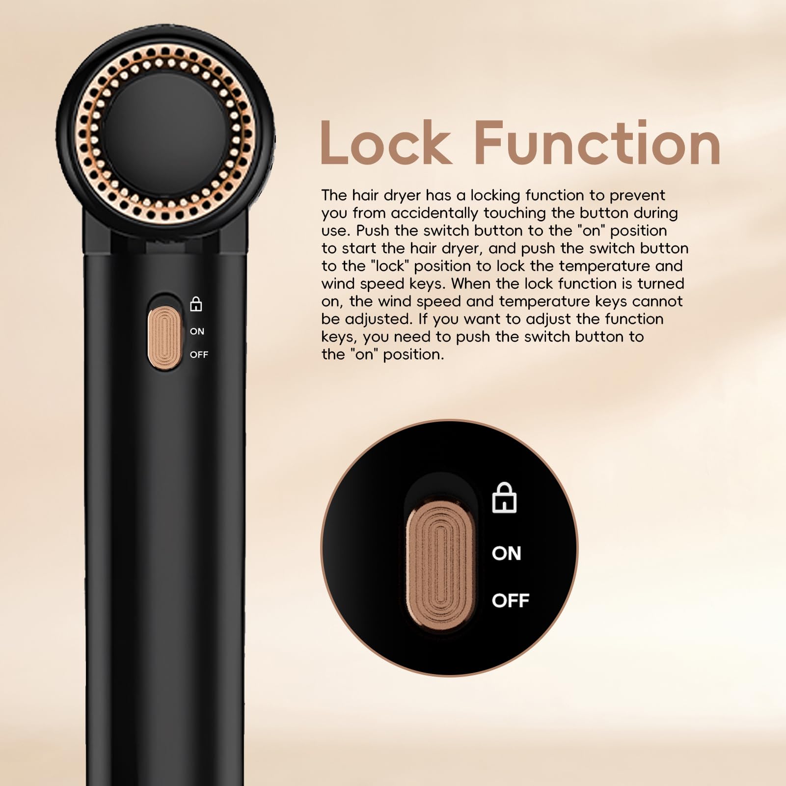 Nicebay Ionic Hair Dryer lock function prevents accidental button presses for safer use.