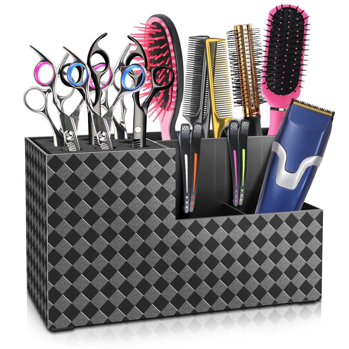 NICEMOVIC Barber Scissors Holder Box front view showing organized tools for quick styling