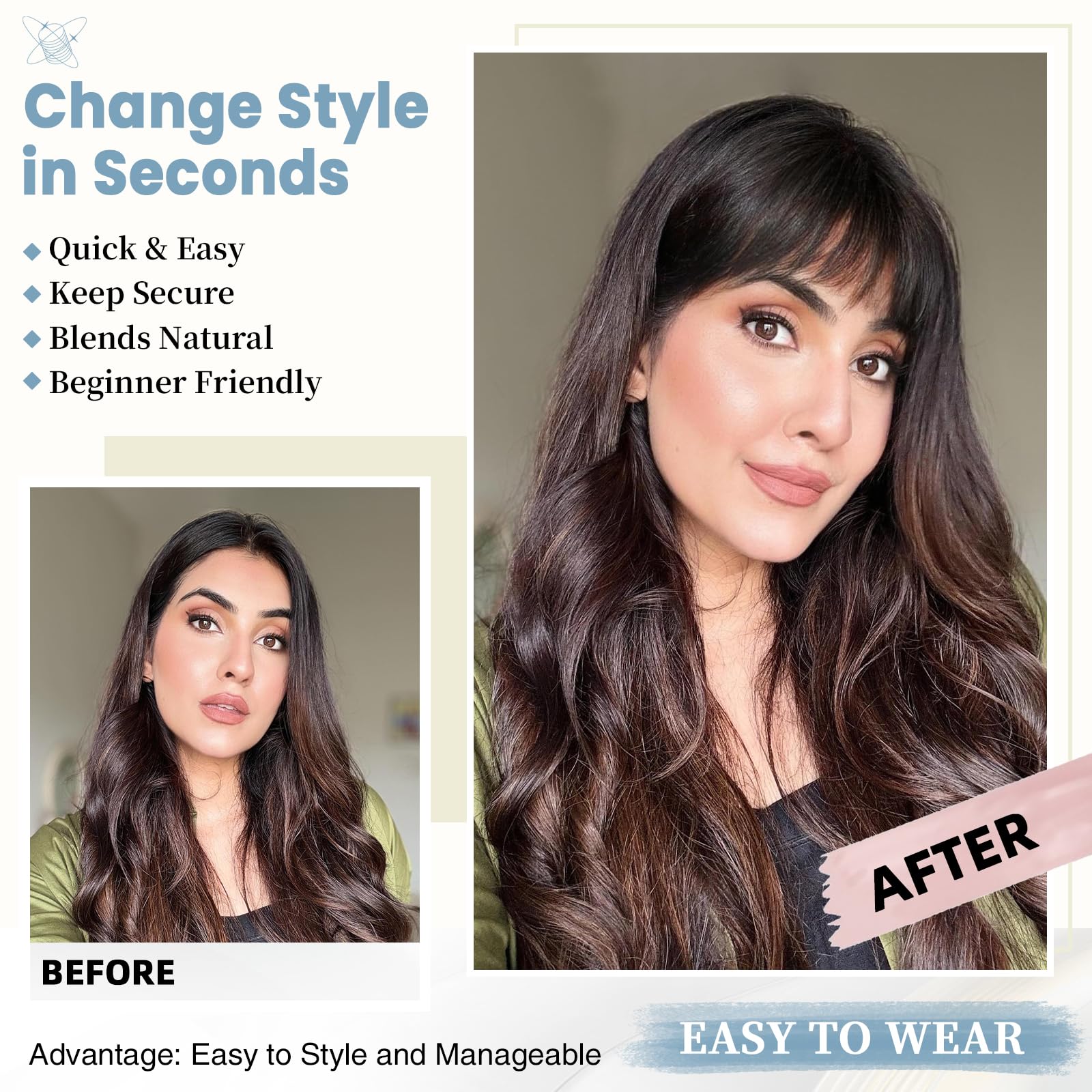 Niceone Hair clip-in bangs color match dark brown to blend seamlessly