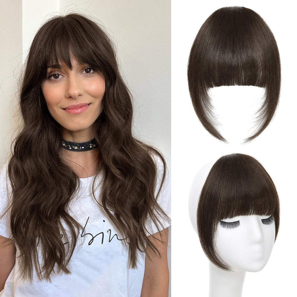 Niceone Hair clip-in bangs dark brown French bangs front view for quick natural framing