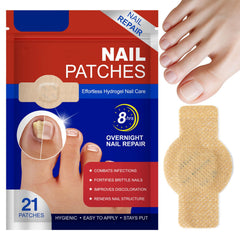 Nichalous Nail Patches packaging shows 21 patches for overnight toe and fingernail care.