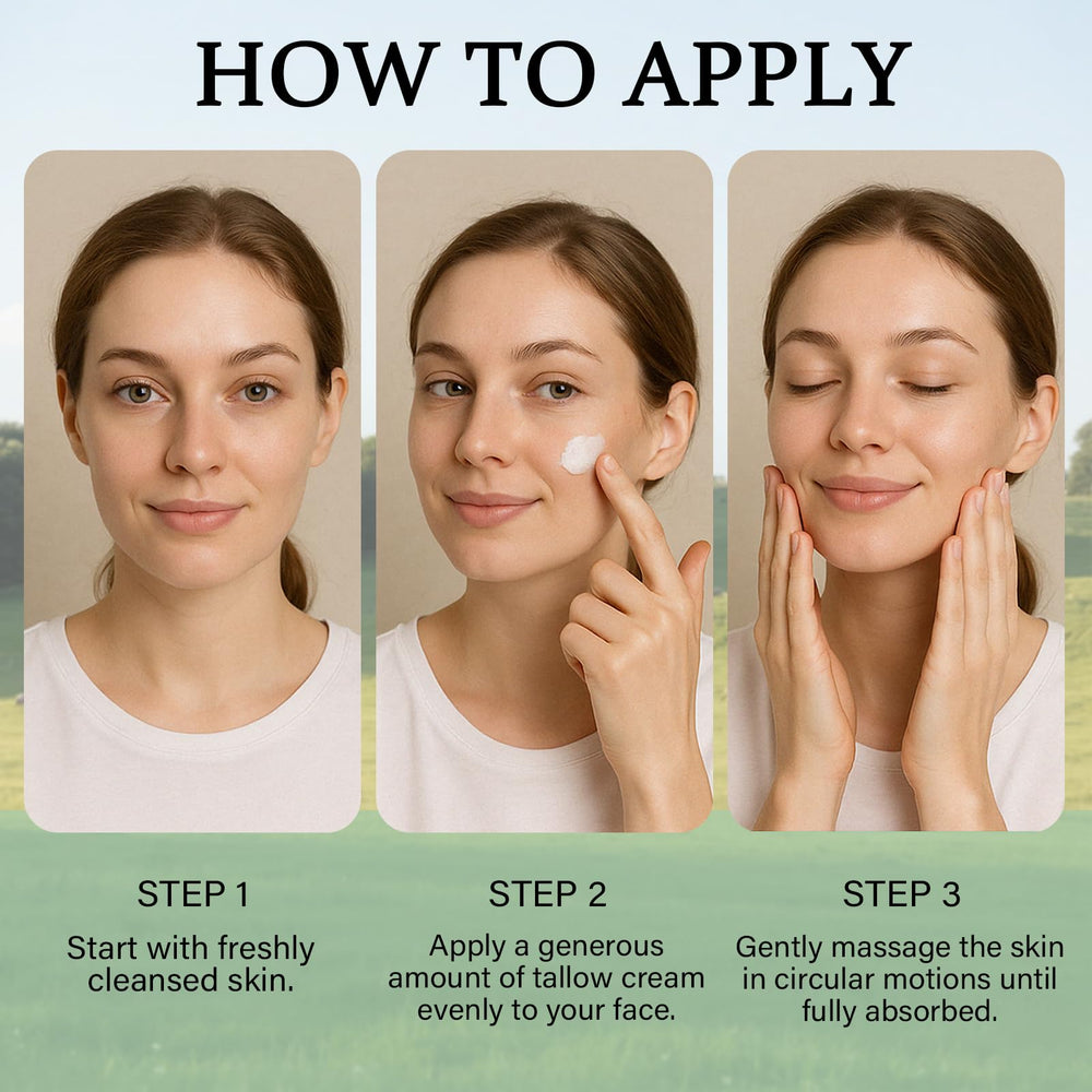 Nichalous whipped tallow cream application on hands and face suggests versatile daily use.