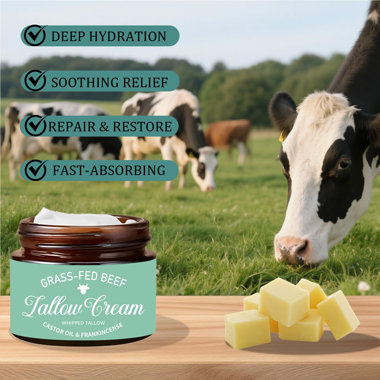 Nichalous whipped tallow cream castor oil panel highlights deep moisture without heaviness.