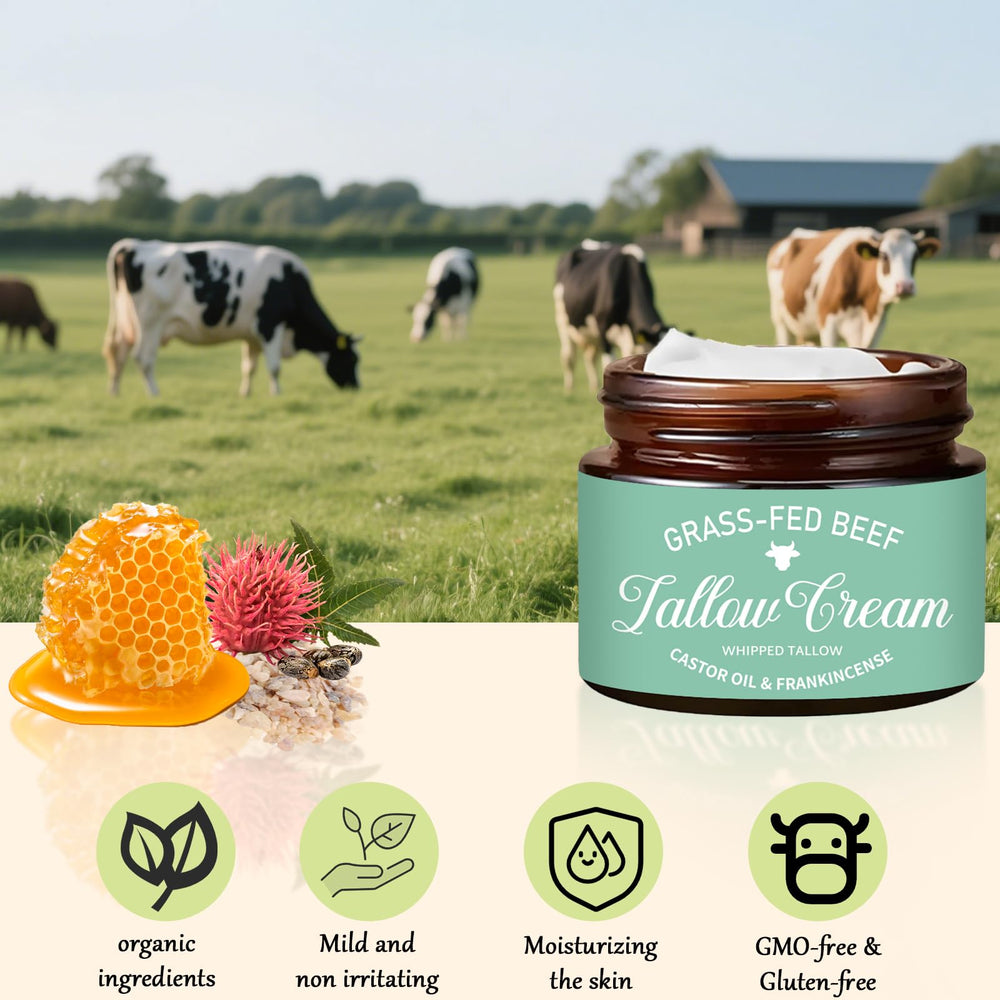 Nichalous whipped tallow cream frankincense oil close-up implies soothing rejuvenation.