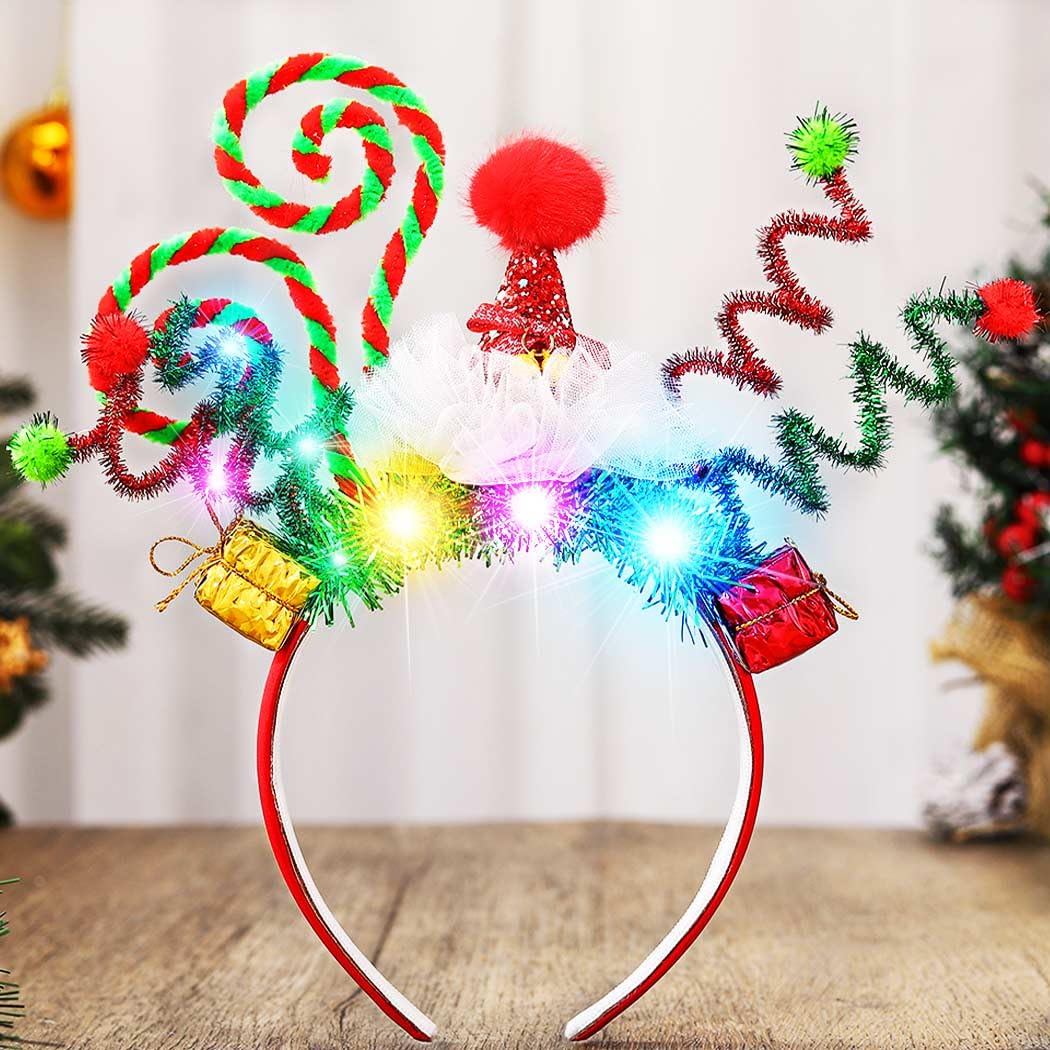 Nicute light up christmas headbands green 3 closeup showing LED candy lights and festive sparkle