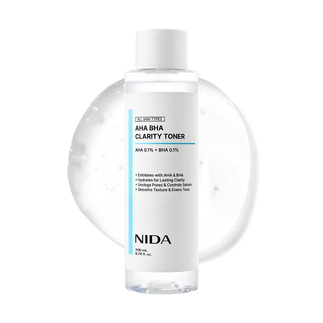 NIDA AHA BHA Clarity Toner bottle promotes gentle exfoliation for brighter skin