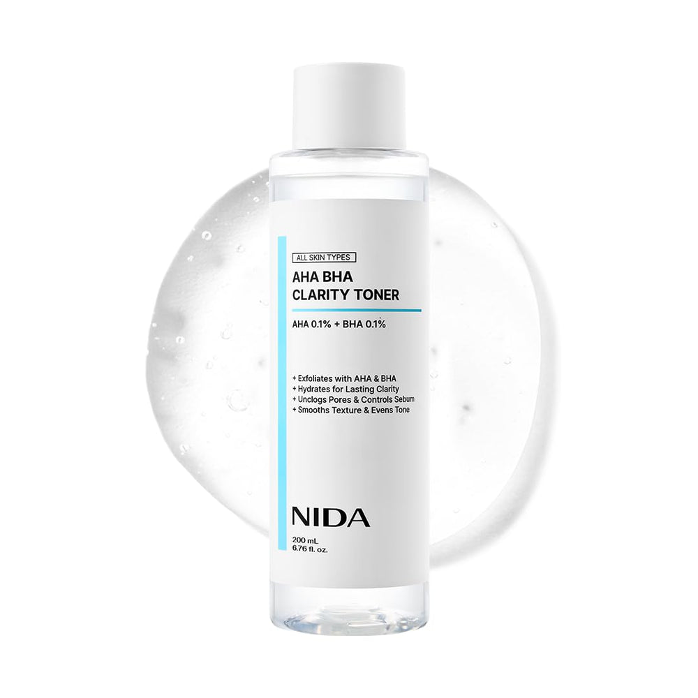 NIDA AHA BHA Clarity Toner bottle promotes gentle exfoliation for brighter skin