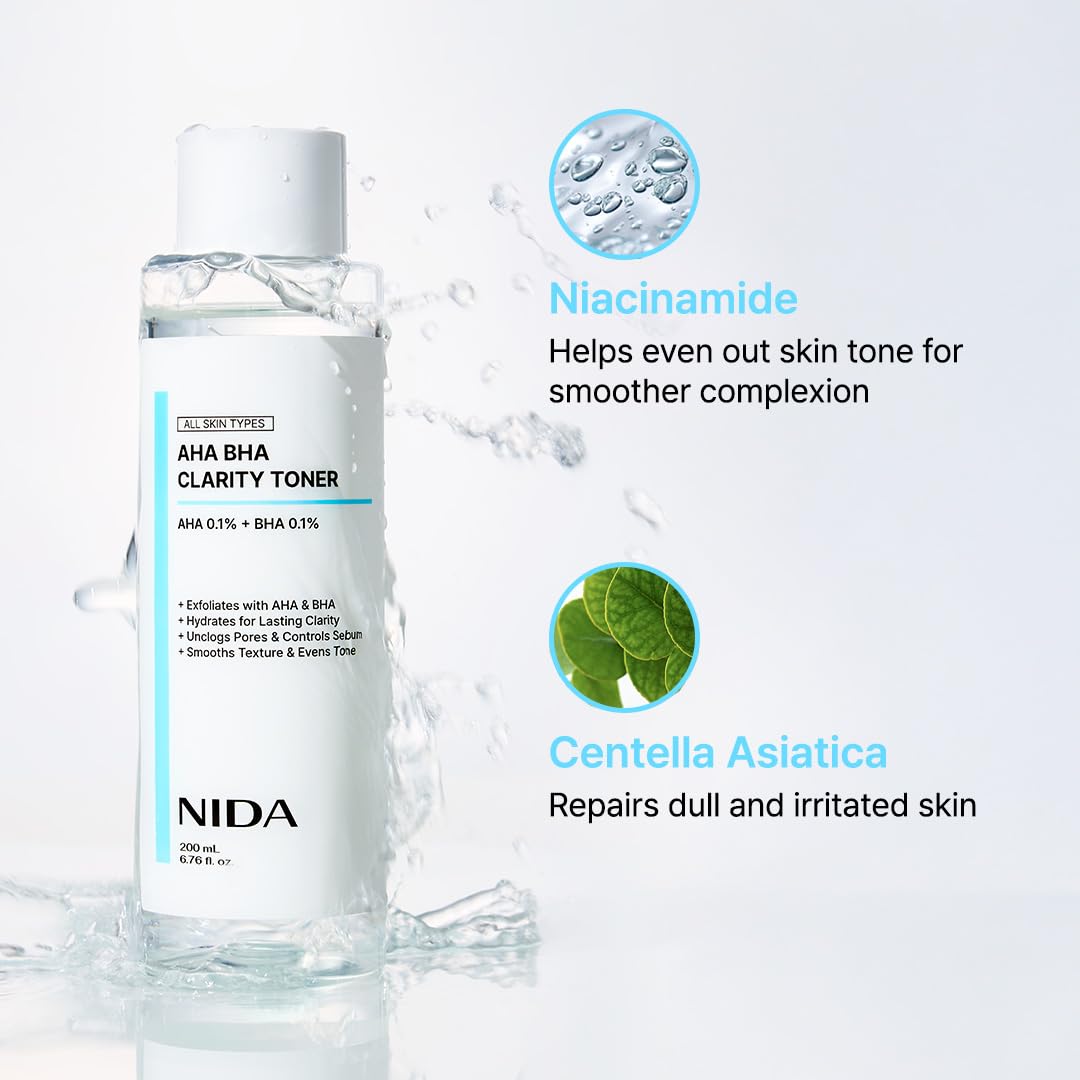NIDA Clarity Toner texture swirl highlights lightweight, non-sticky finish for daily use
