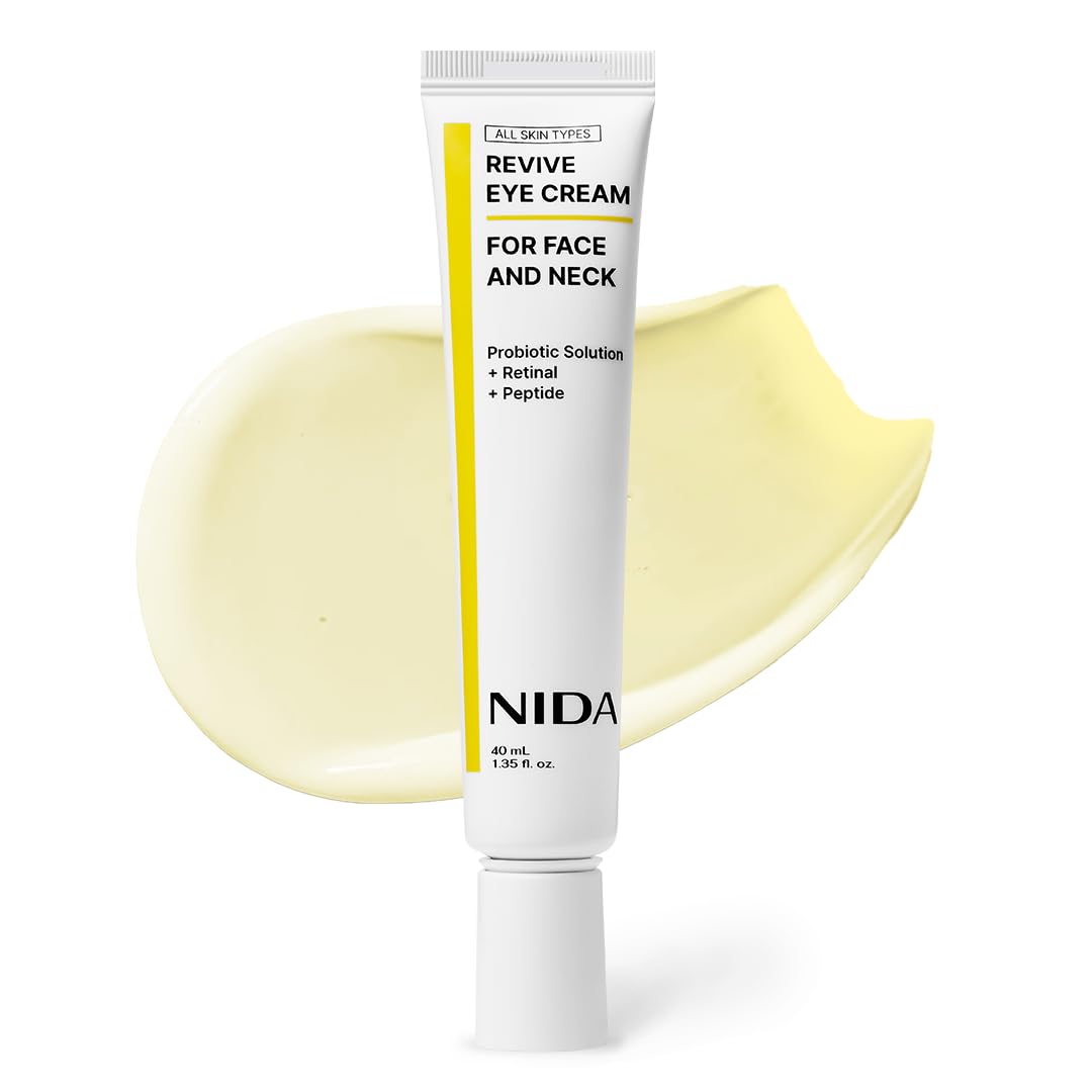 NIDA Revive Eye Cream bottle shows a hydrating, skincare-forward formula.