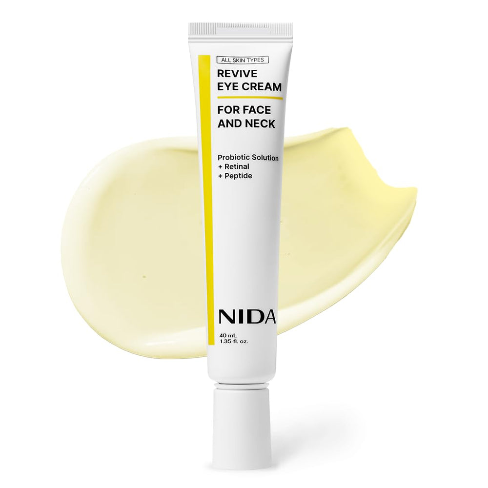 NIDA Revive Eye Cream bottle shows a hydrating, skincare-forward formula.