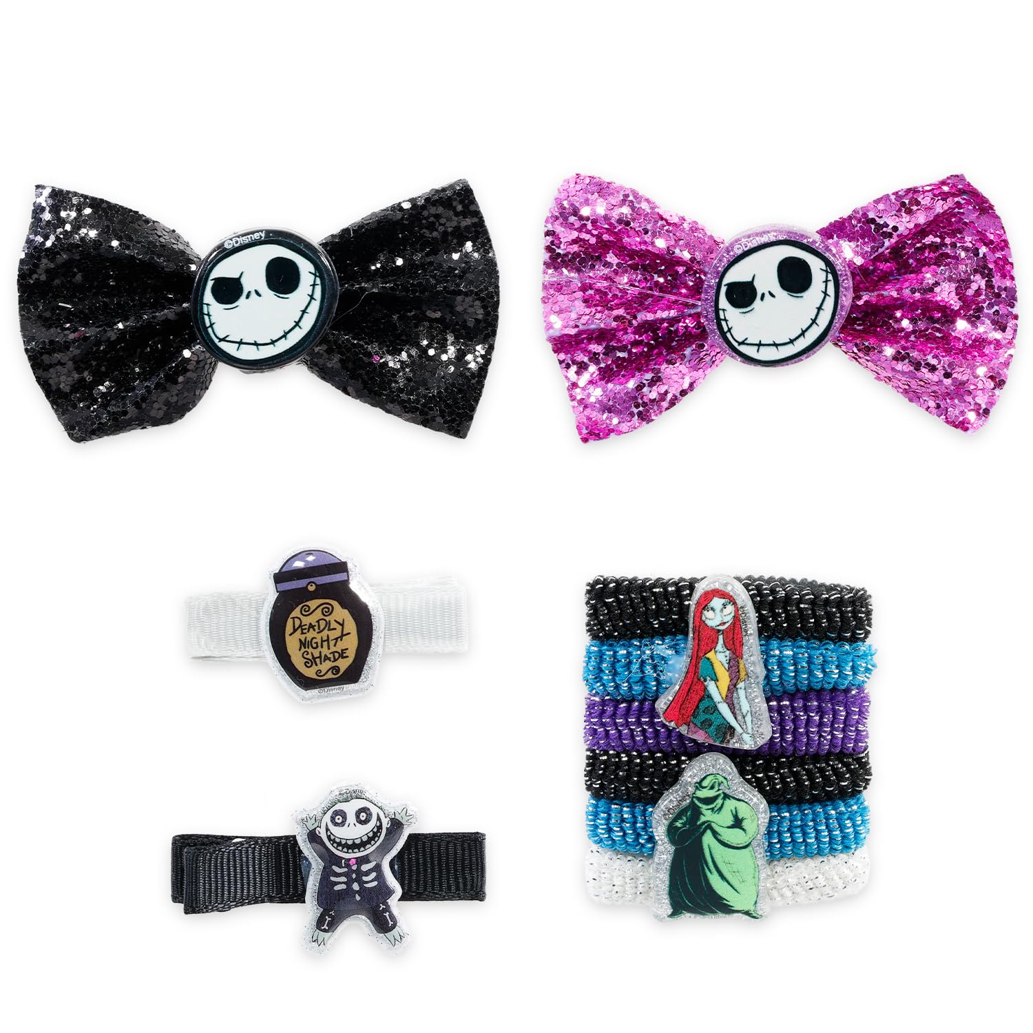 Nightmare Before Christmas hair bows highlight collectible design for versatile dress-up moments.