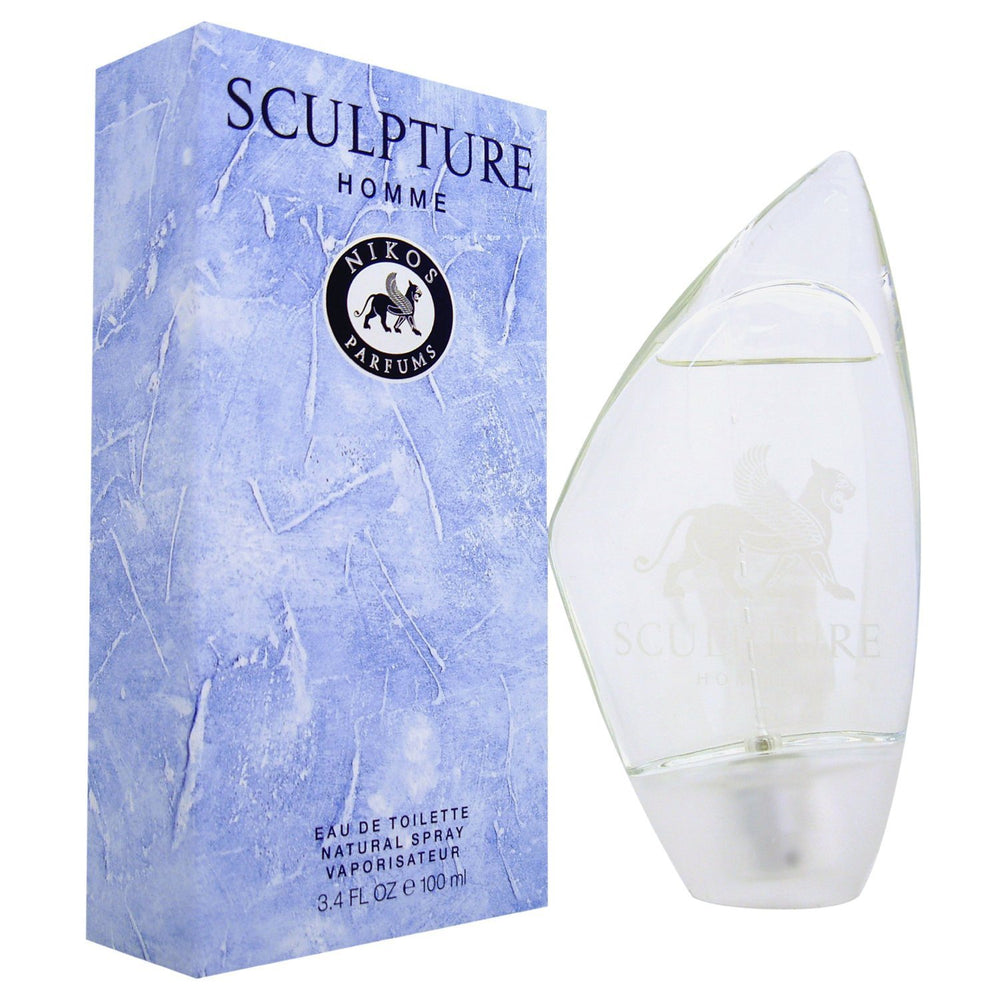 Nikos Sculpture Homme bottle closeup highlights a sleek design for confident daytime wear.