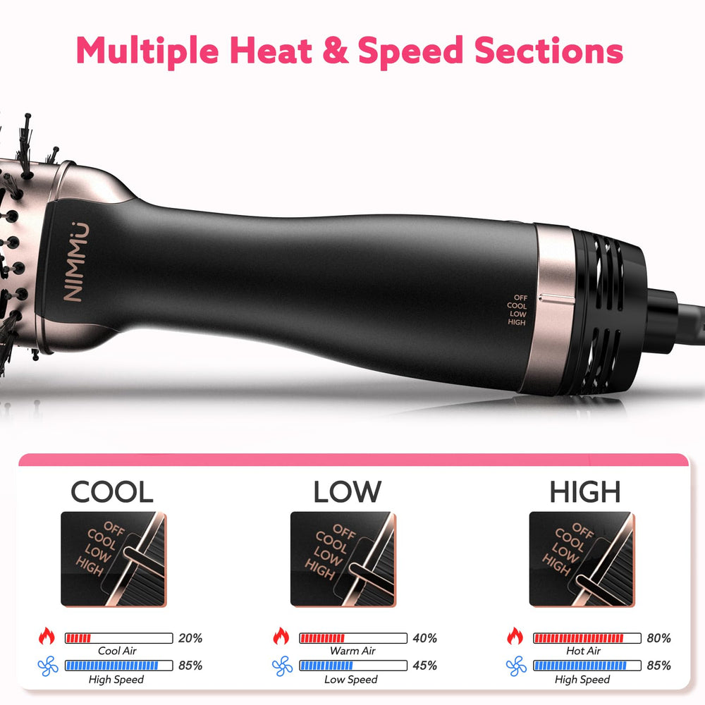 Nimmu 4-in-1 design for drying, curling, straightening, and volumizing.