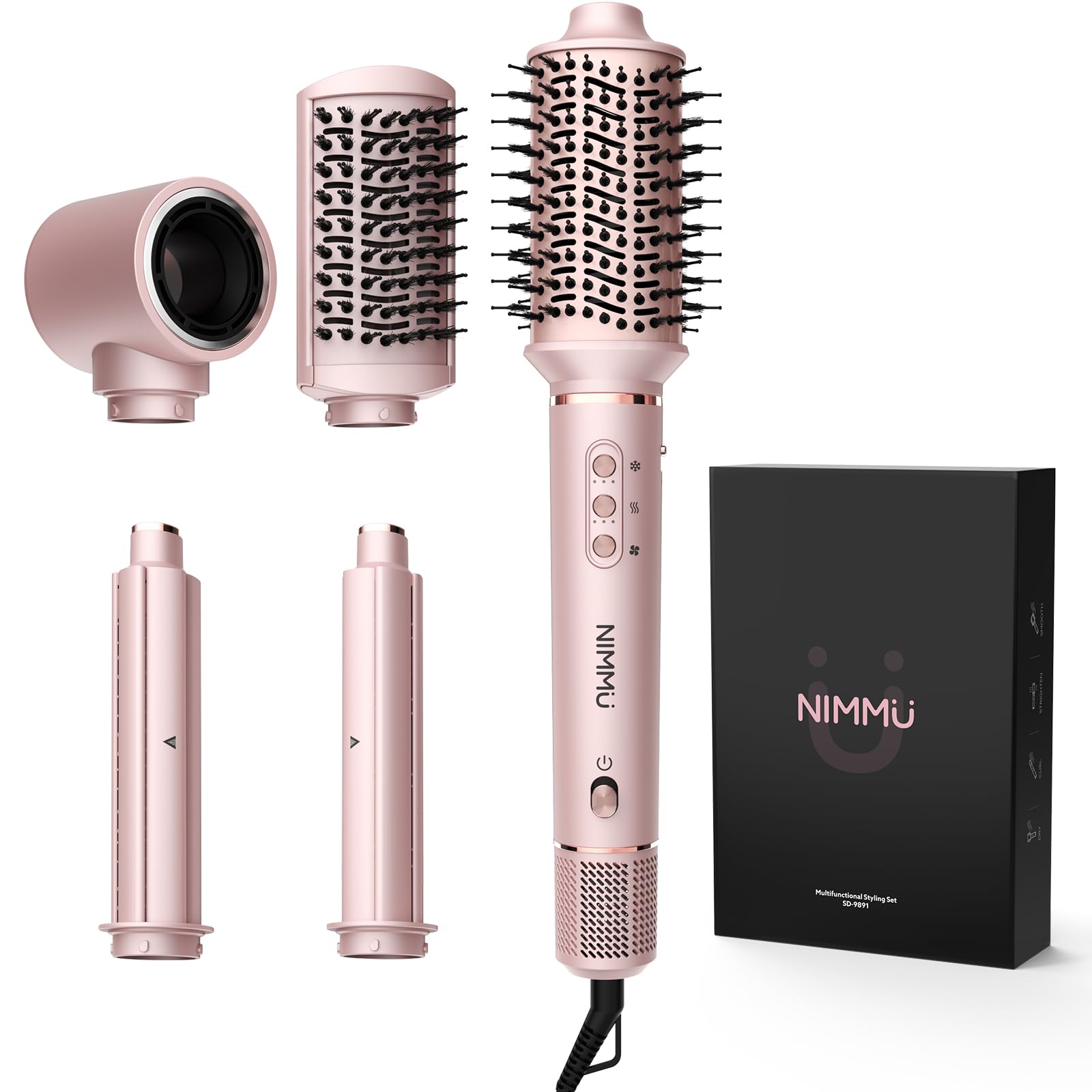 Nimmu 5in1 blow dryer brush set back view demonstrates quick at-home styling with multiple attachments.