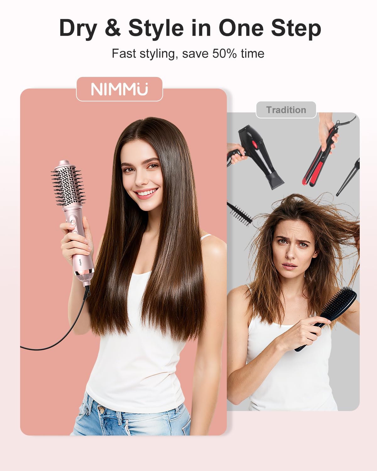 Nimmu Blow Dryer Brush Set concentrator nozzle for precise straightening.