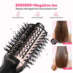 Nimmu hair dryer brush 1200W motor speeds drying and frizz control.