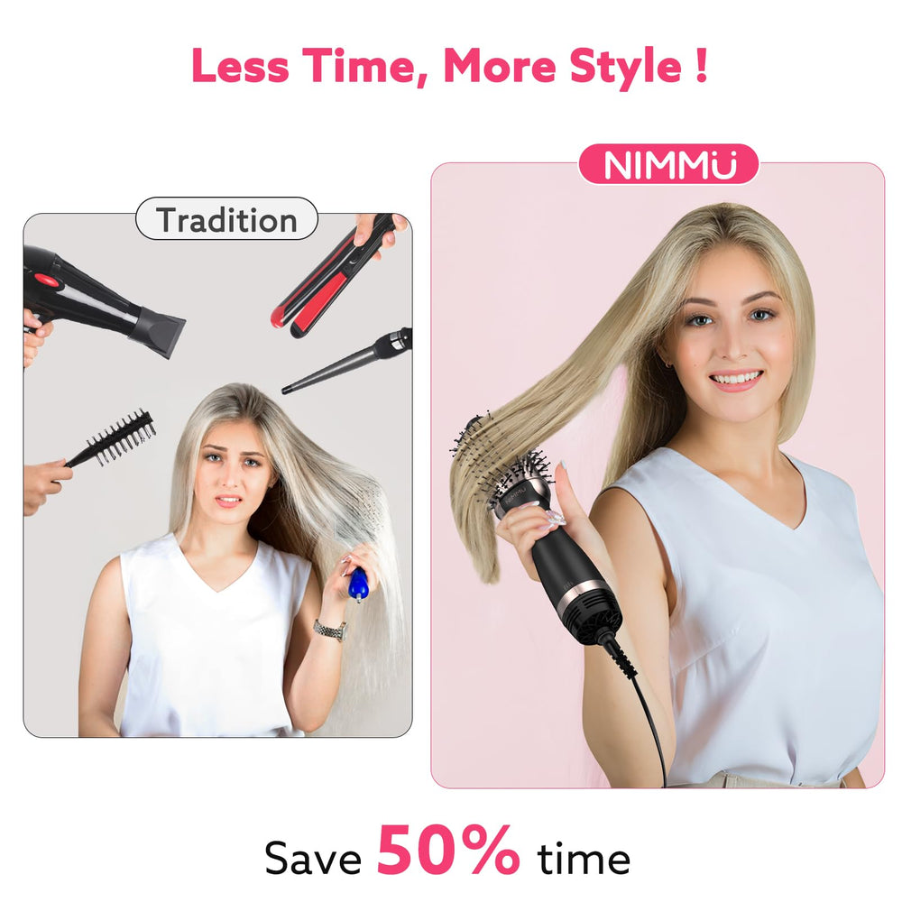 Nimmu hair dryer brush heat settings show 3 options plus cool air.