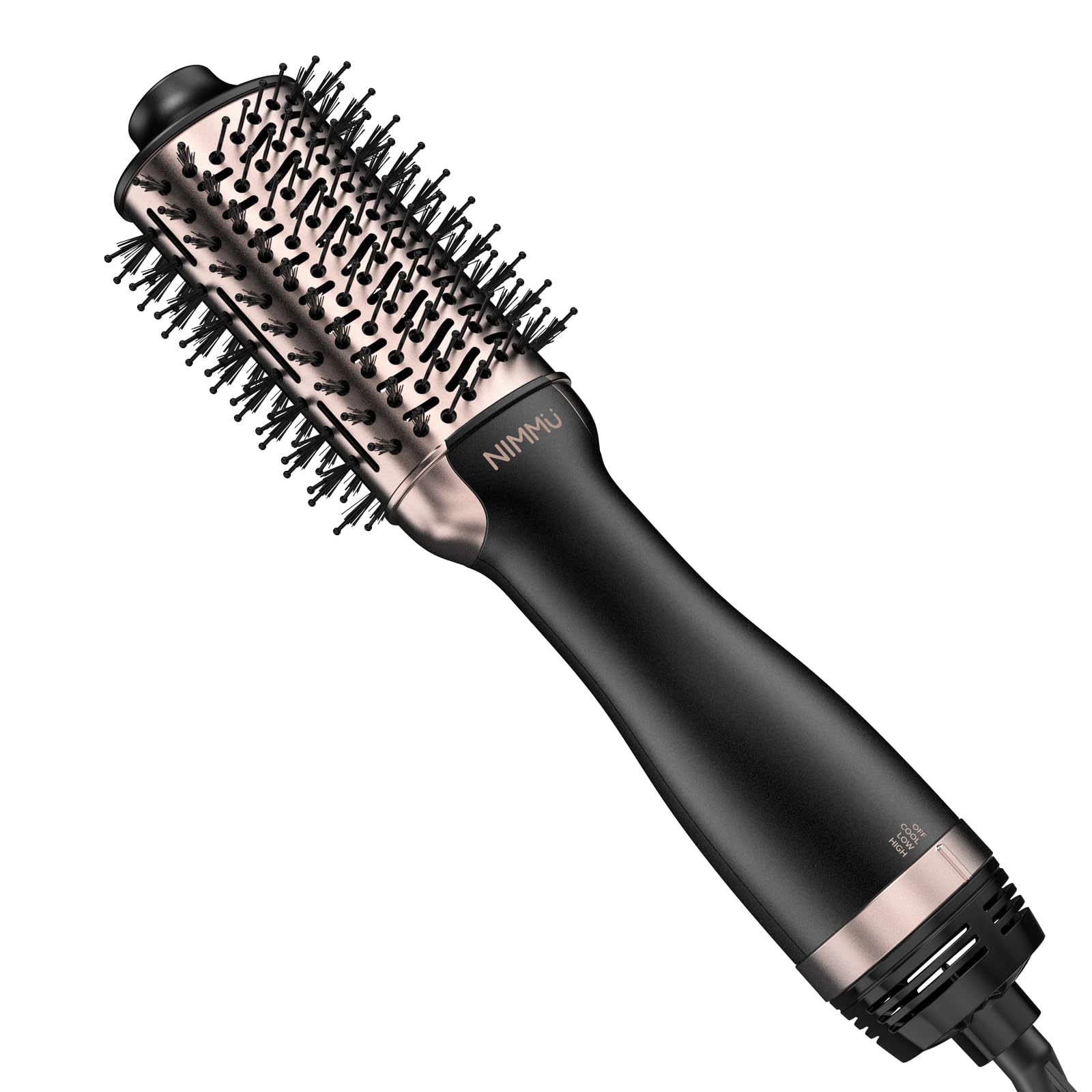 Nimmu hair dryer brush rose gold front view for quick, salon-like results.