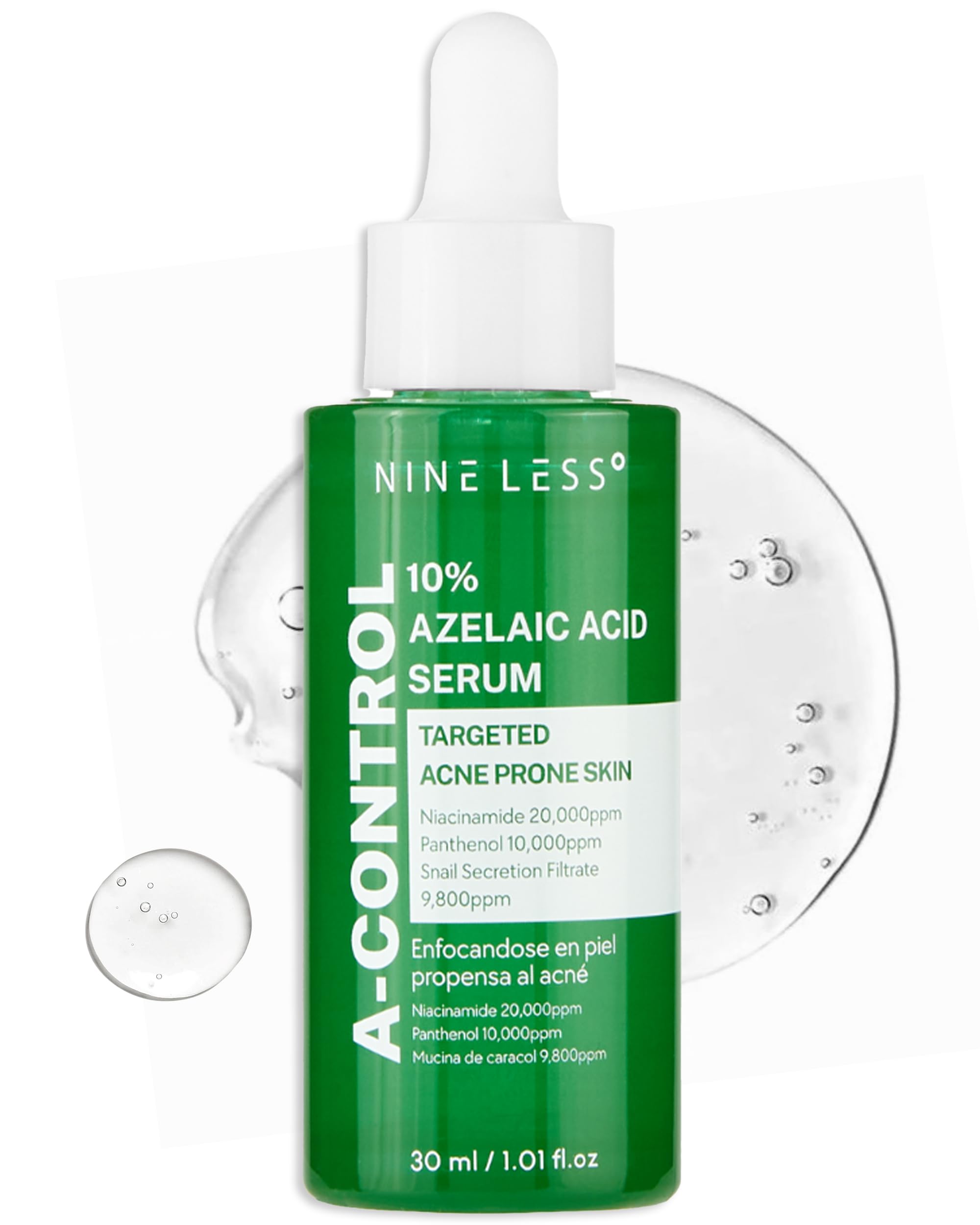 NINELESS A-Control serum bottle highlights the potent 10% azelaic acid formula for calm skin