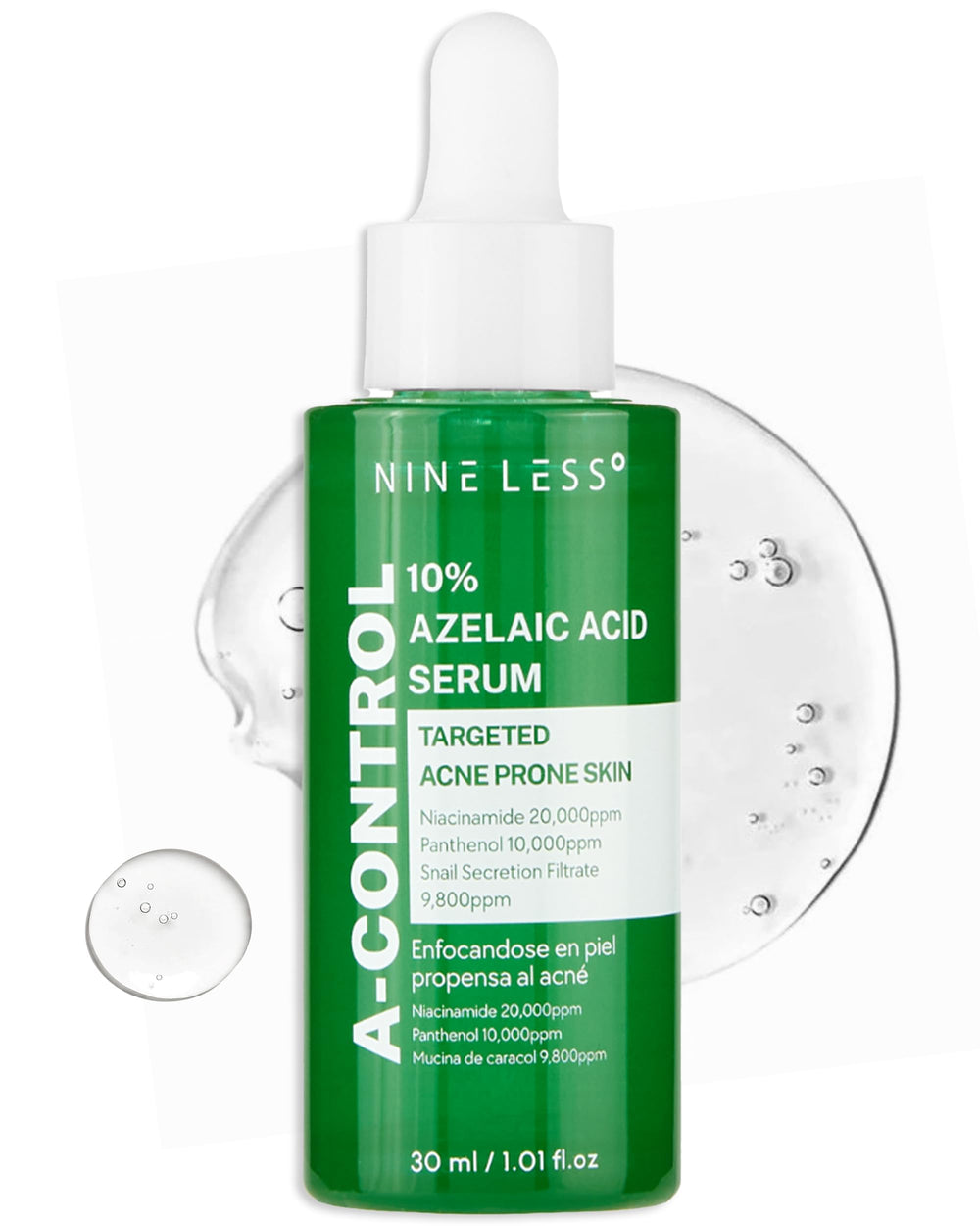 NINELESS A-Control serum bottle highlights the potent 10% azelaic acid formula for calm skin