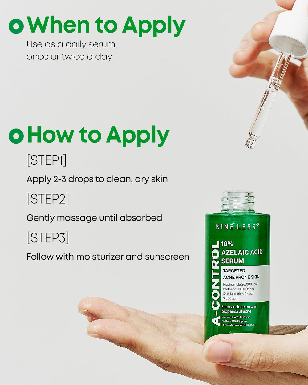 NINELESS A-Control application close-up shows quick-absorb formula for morning routines
