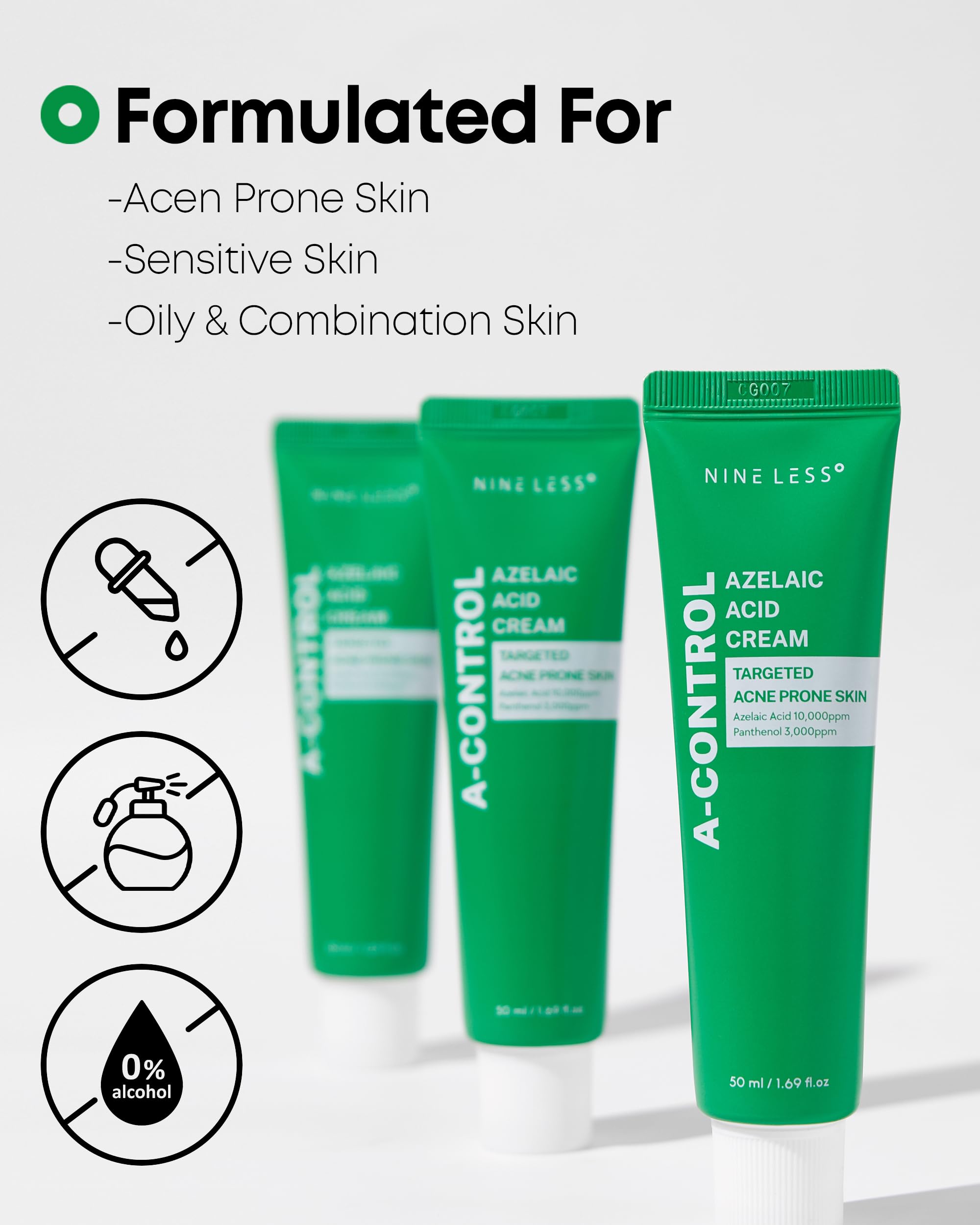 NINELESS A-Control Azelaic Cream on skin demonstrates improved texture and calmer redness