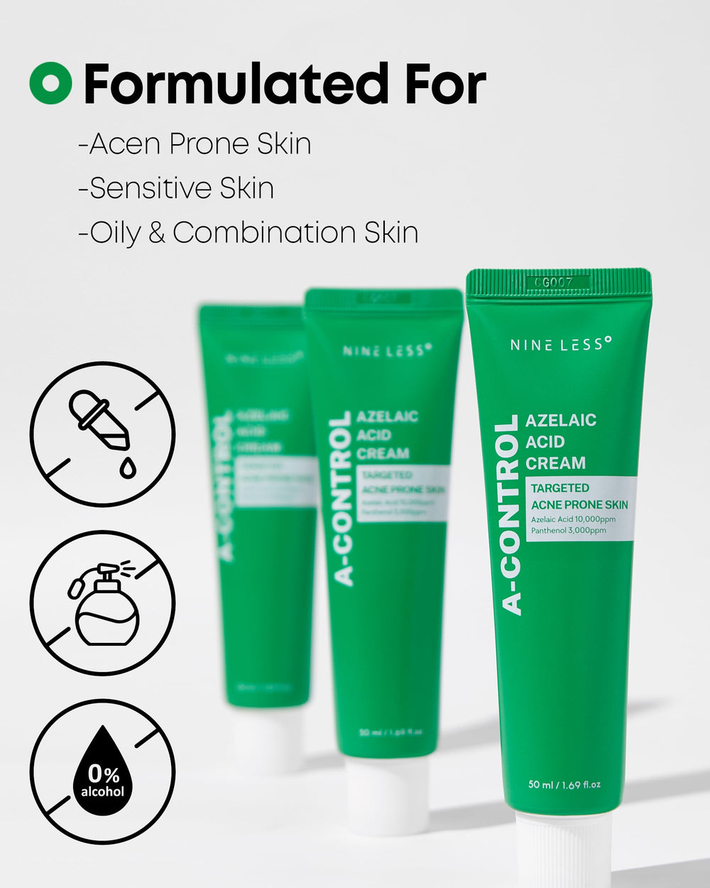 NINELESS A-Control Azelaic Cream on skin demonstrates improved texture and calmer redness
