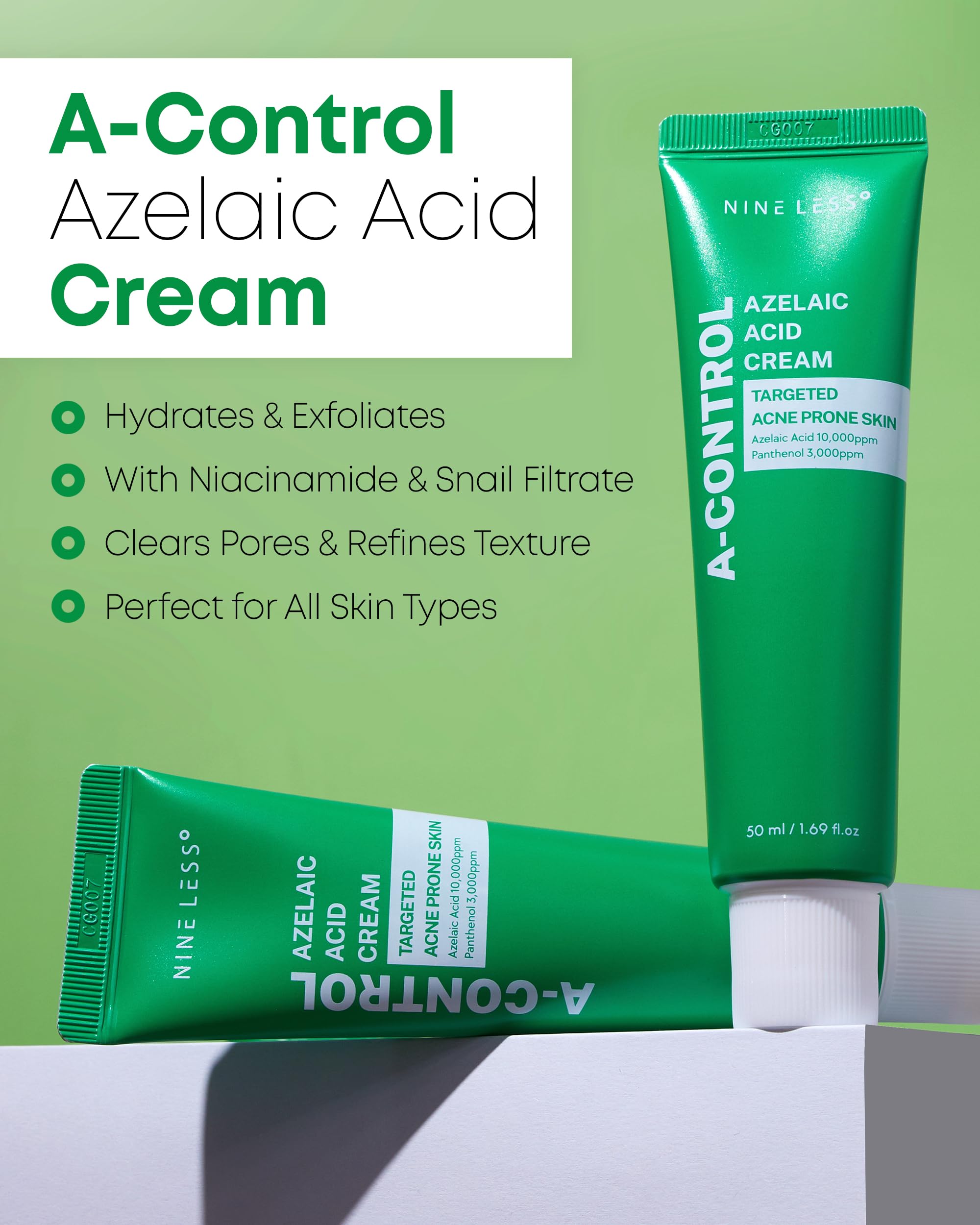 NINELESS A-Control Azelaic Cream tube application shows lightweight hydration for sensitive skin