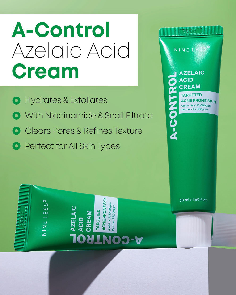 NINELESS A-Control Azelaic Cream tube application shows lightweight hydration for sensitive skin