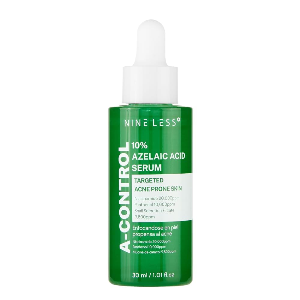 NINELESS A-Control bottle front shows 10% azelaic serum for even skin tone.