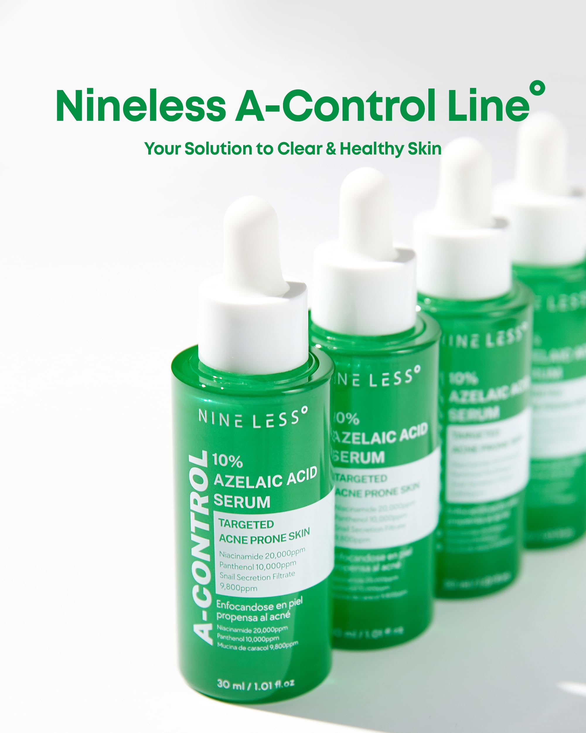 NINELESS A-Control skincare routine image implies consistent use for healthier-looking skin