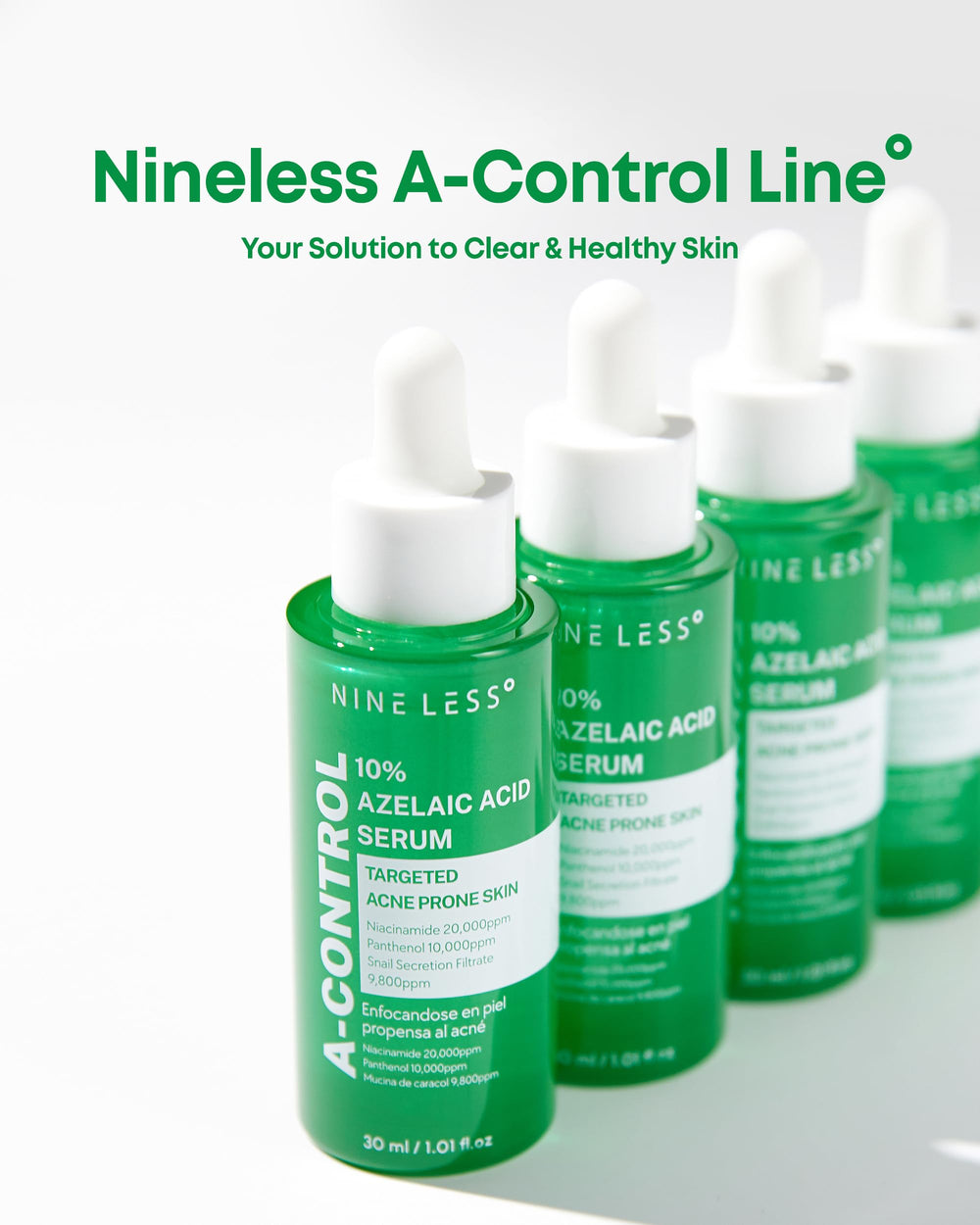 NINELESS A-Control skincare routine image implies consistent use for healthier-looking skin