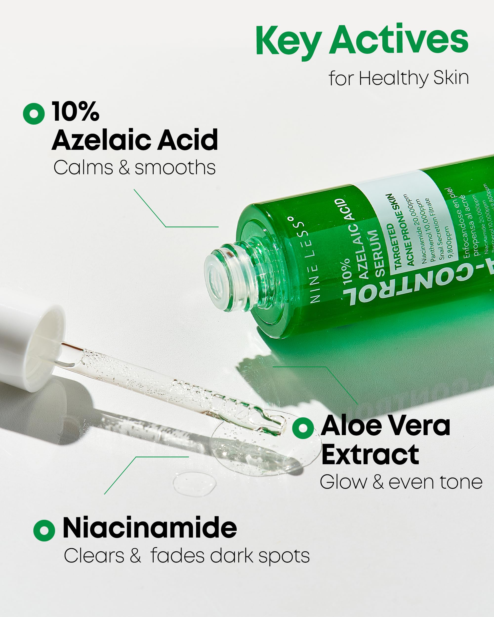 NINELESS A-Control texture close-up shows smooth, lightweight serum