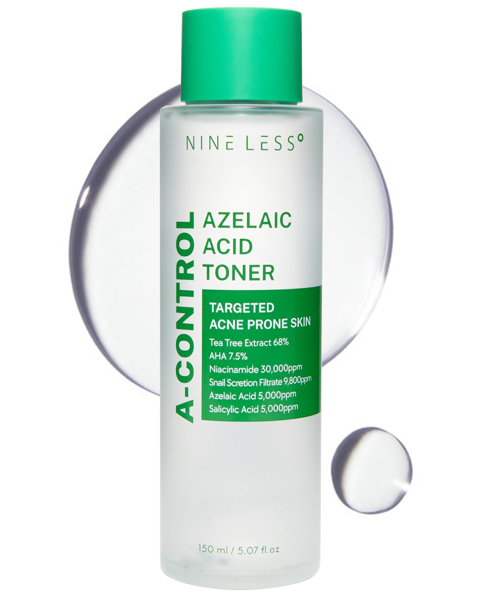 NINELESS Azelaic Acid Toner bottle showing calming exfoliation for smoother pores.
