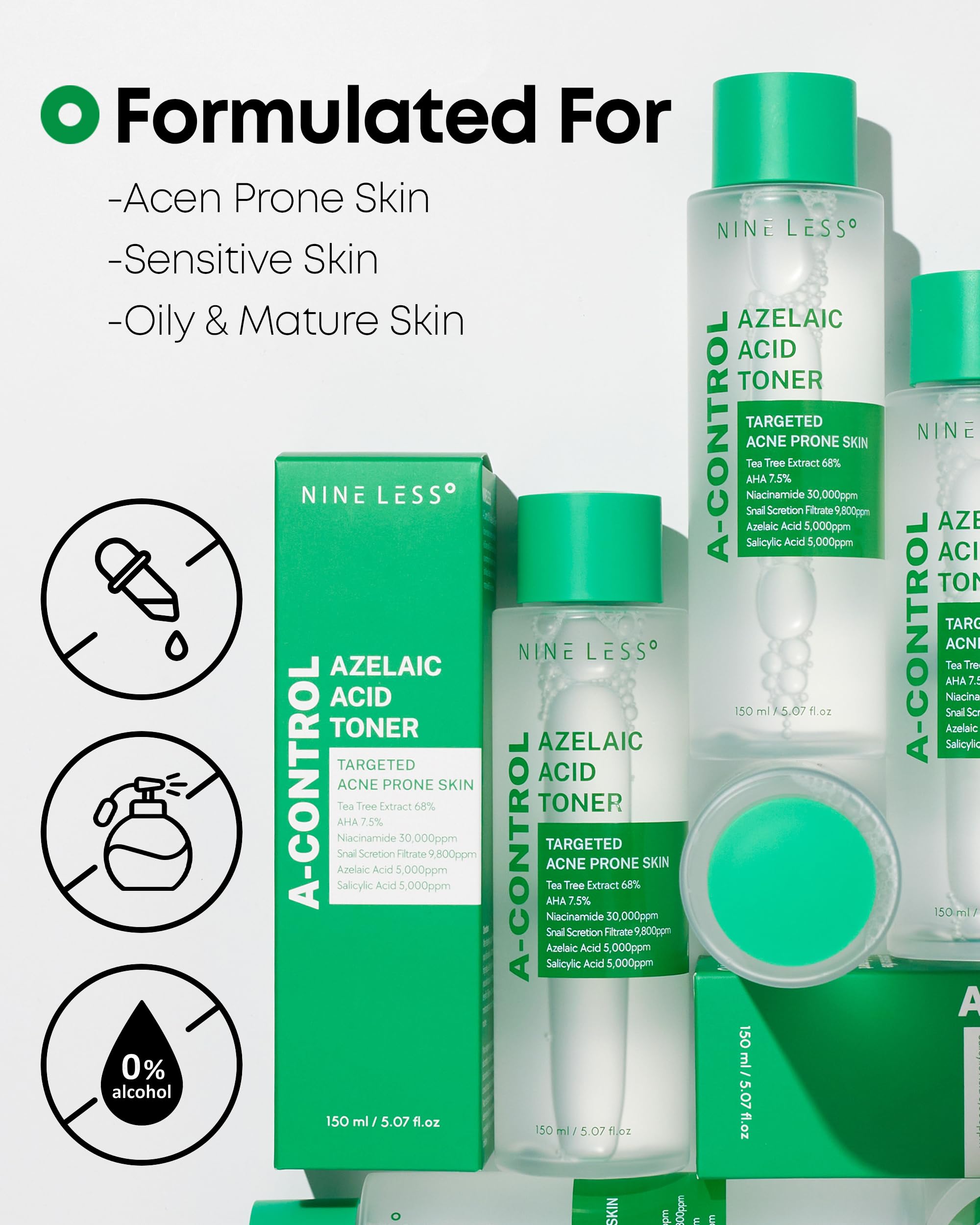 NINELESS Azelaic Acid Toner ingredients label highlights azelaic, glycolic, and niacinamide.