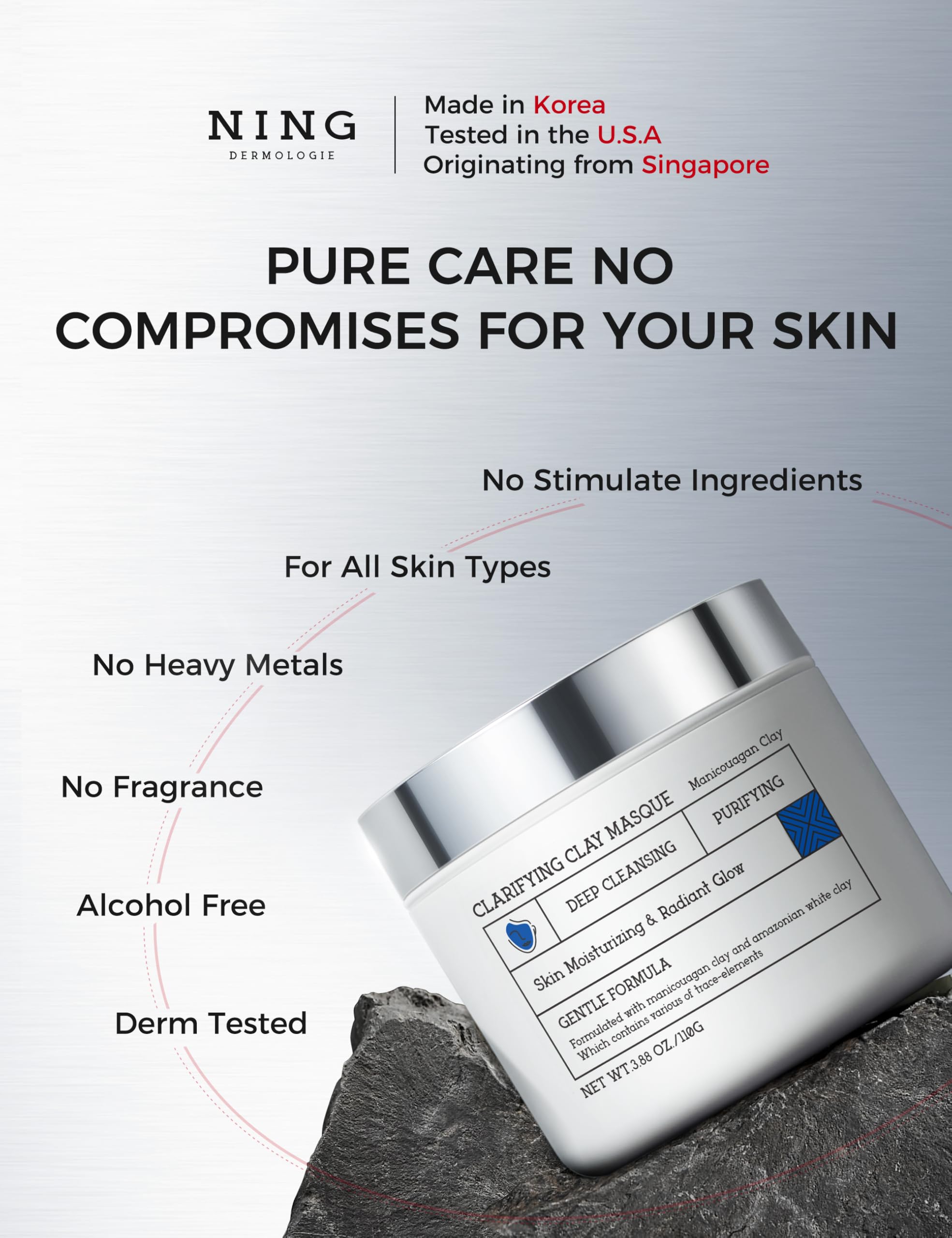 Ning Dermologie Clay Mask applied to cheek for oil balance and pore refinement.