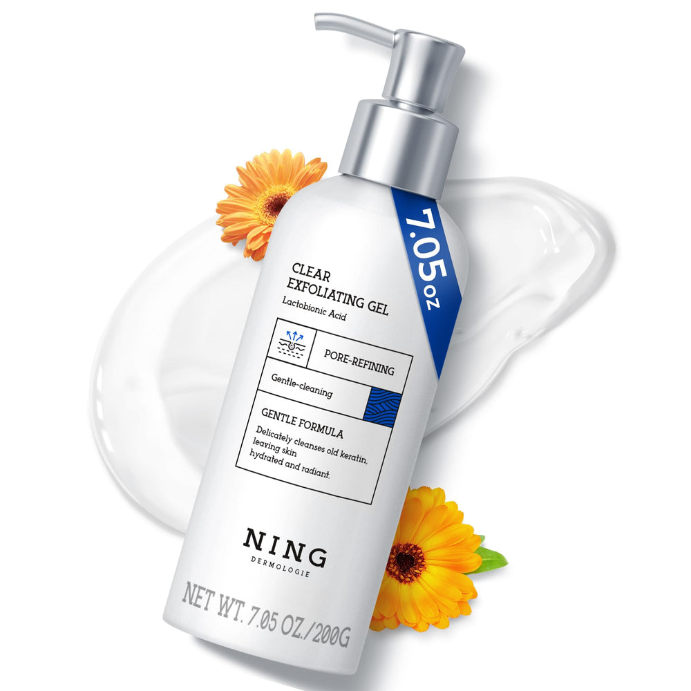 NING DERMOLOGIE exfoliating face scrub bottle highlights gentle exfoliation for brighter skin