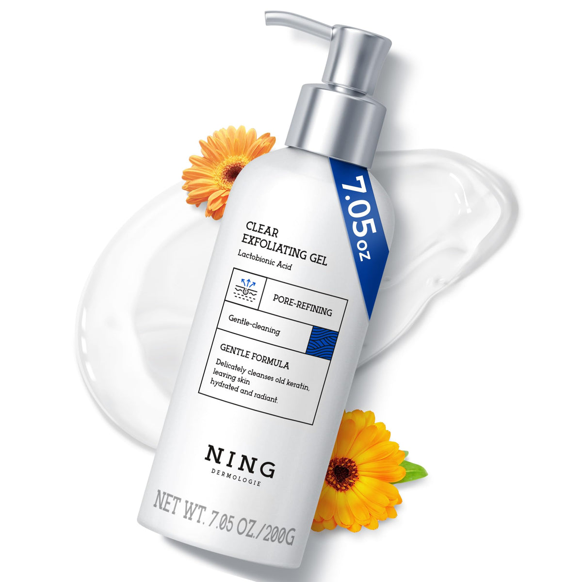 NING DERMOLOGIE exfoliating face scrub bottle highlights gentle exfoliation for brighter skin